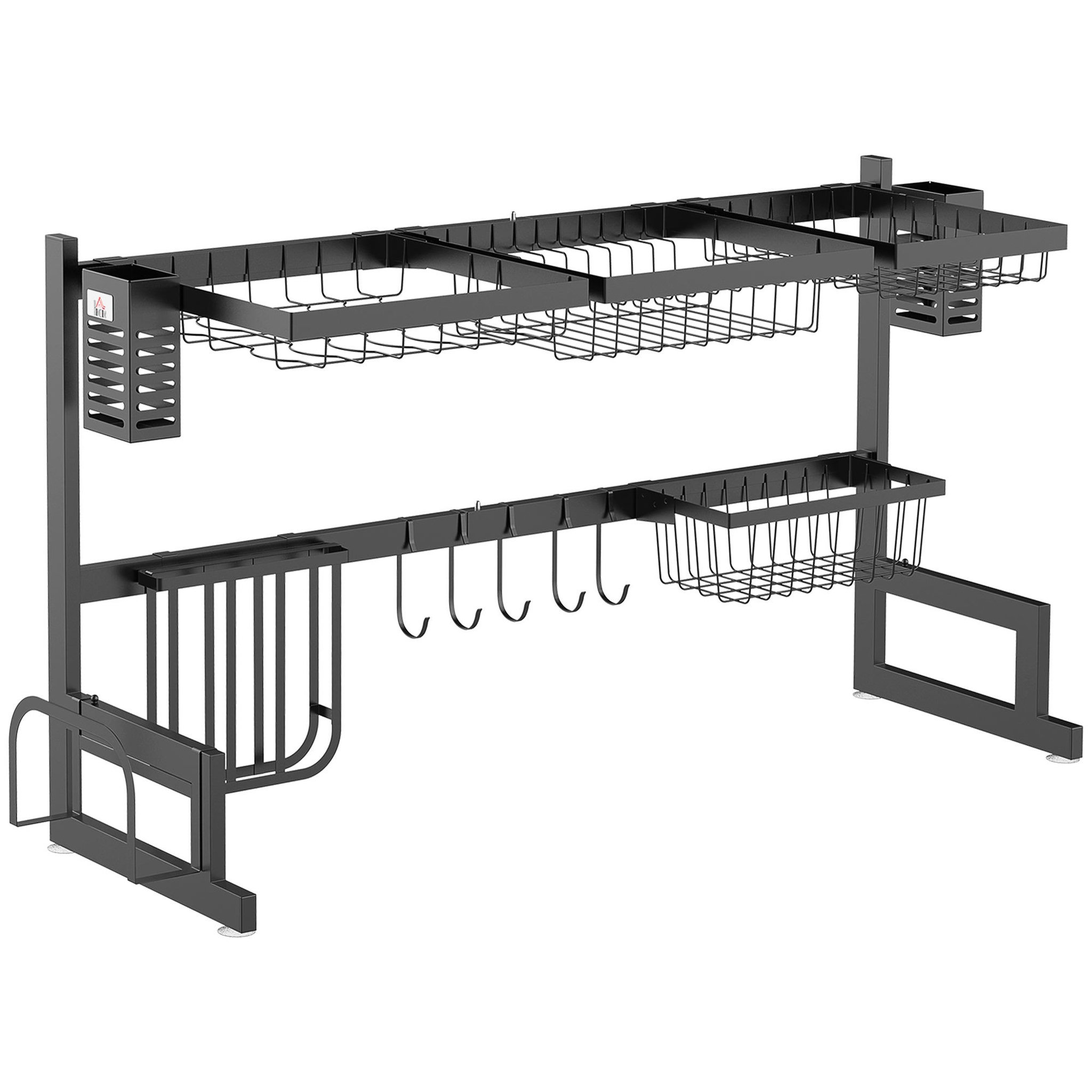 HOMCOM Égouttoir à vaiselle - organiseur d'évier - 8 espaces de séchage - pieds ventouses - acier inox. noir