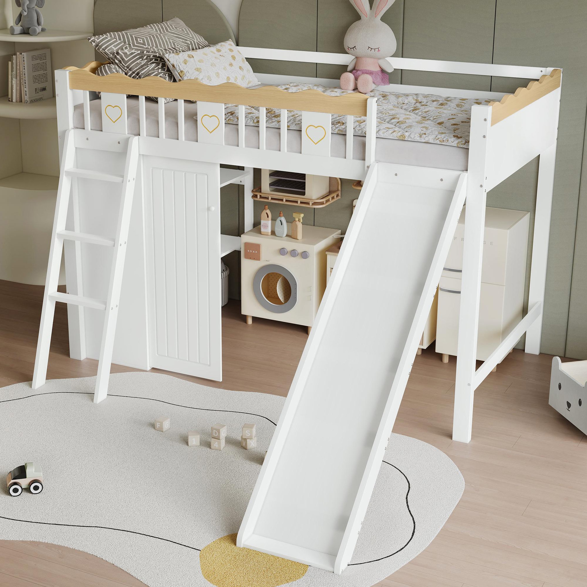 Voir la diapositive 5 : MERAX Lit combiné enfant 90x200cm coloris blanc+naturel pin et mdf