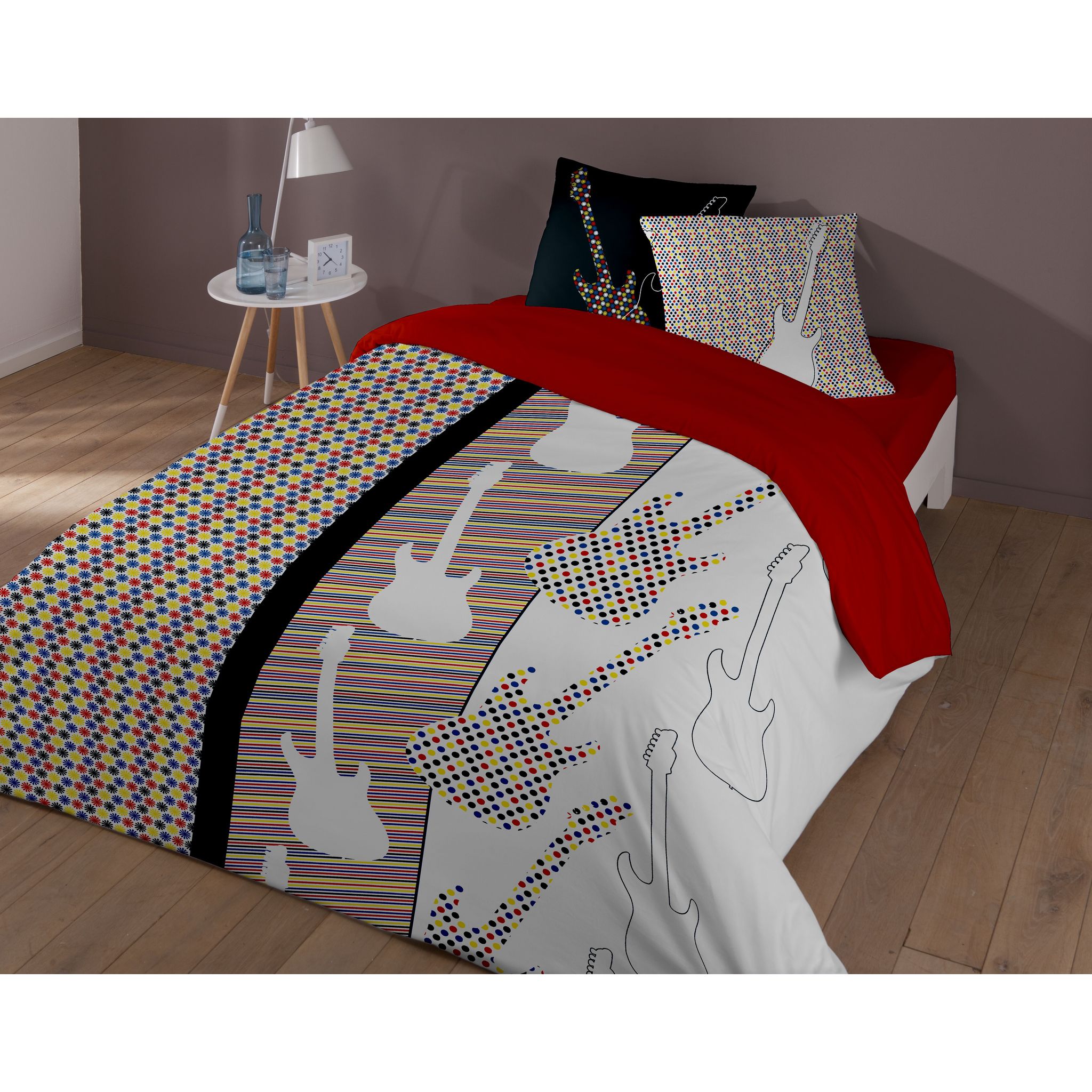 Parure De Lit Housse De Couette 140x200 + Taie 70x90 Cm, Motif Guitare Rock, 100% Coton