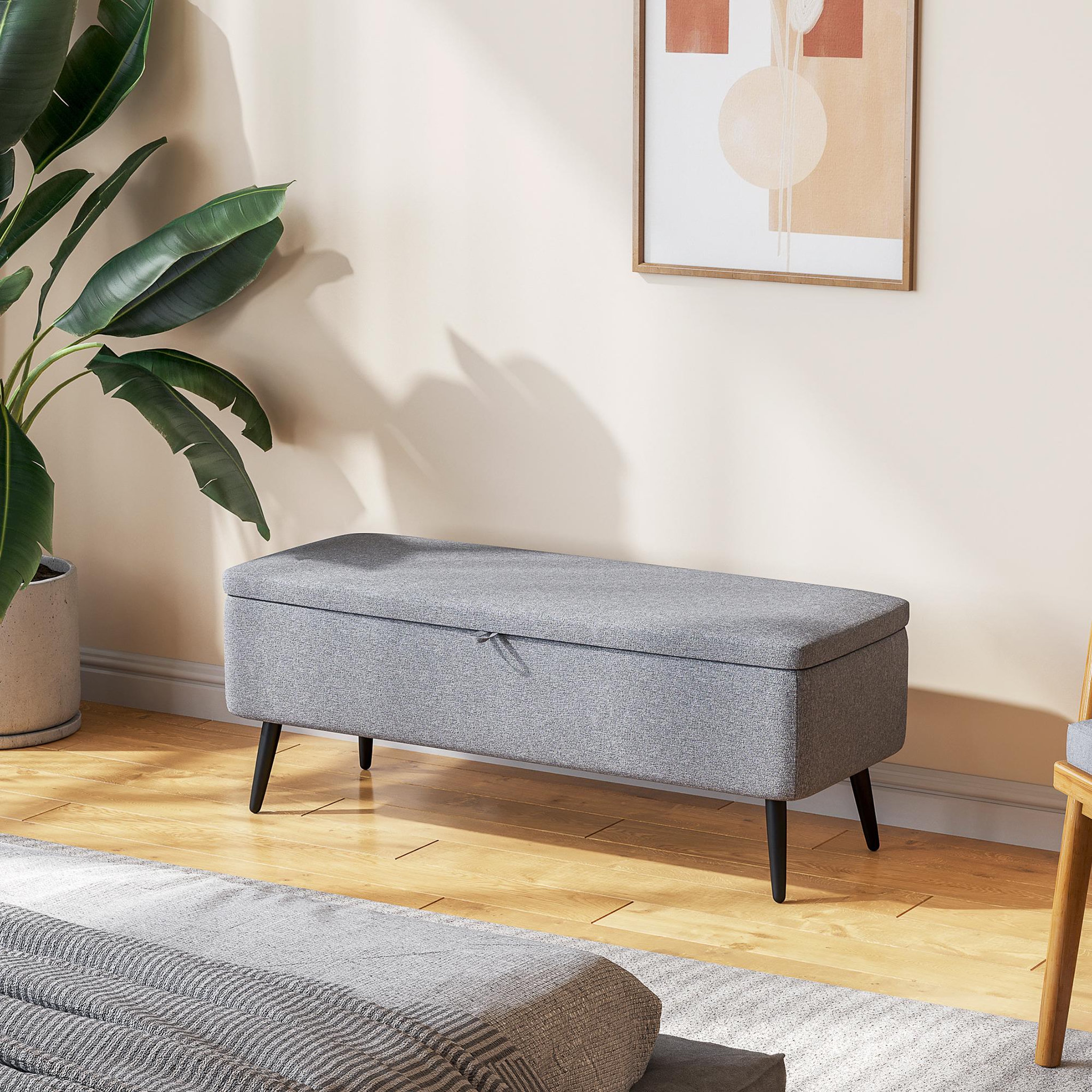 Voir la diapositive 2 : HOMCOM Banc coffre de rangement 2 en 1 dim. 102L x 40l x 39H cm piètement acier noir tissu gris