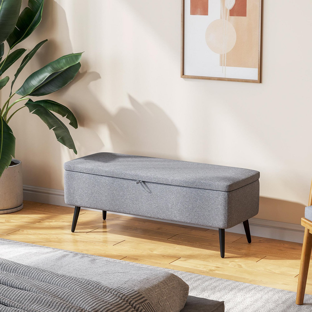 HOMCOM Banc coffre de rangement 2 en 1 dim. 102L x 40l x 39H cm piètement acier noir tissu gris