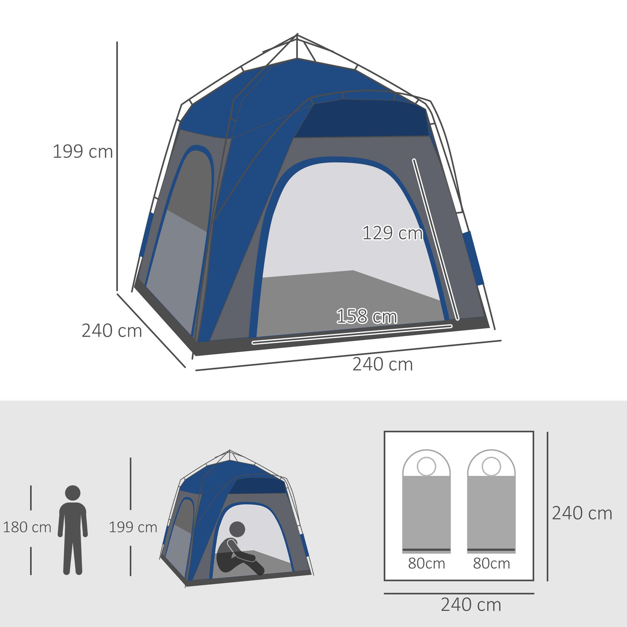 Voir la diapositive 3 : OUTSUNNY Tente de camping familiale 4 personnes montage instantanée pop-up 4 fenêtres pare-soleil dim. 2,4l x 2,4l x 1,95h m fibre verre polyester bleu anthracite