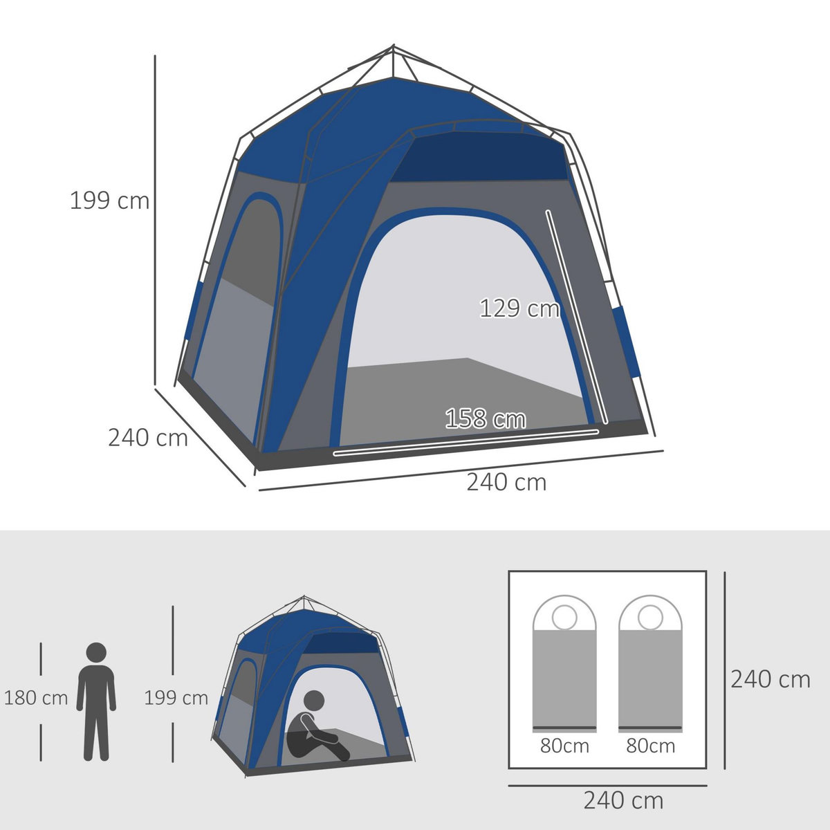 OUTSUNNY Tente de camping familiale 4 personnes montage instantanée pop-up 4 fenêtres pare-soleil dim. 2,4L x 2,4l x 1,95H m fibre verre polyester bleu anthracite