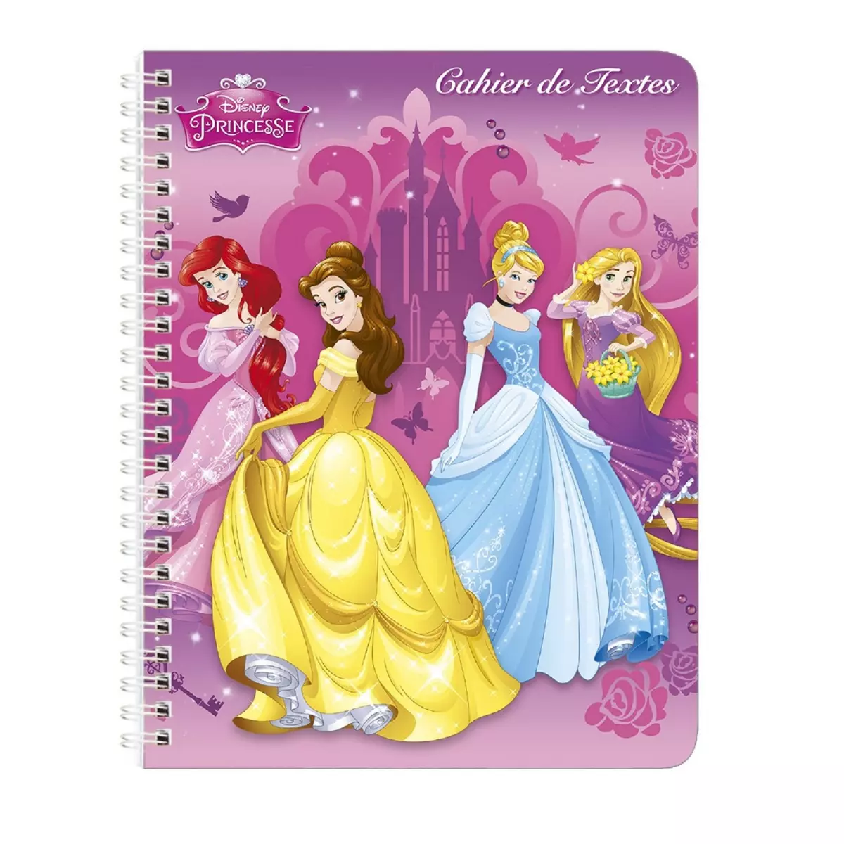Cahier de texte à spirale fille 17x22cm 148 pages Princesses Ariel, Belle, Cendrillon et Raiponce château