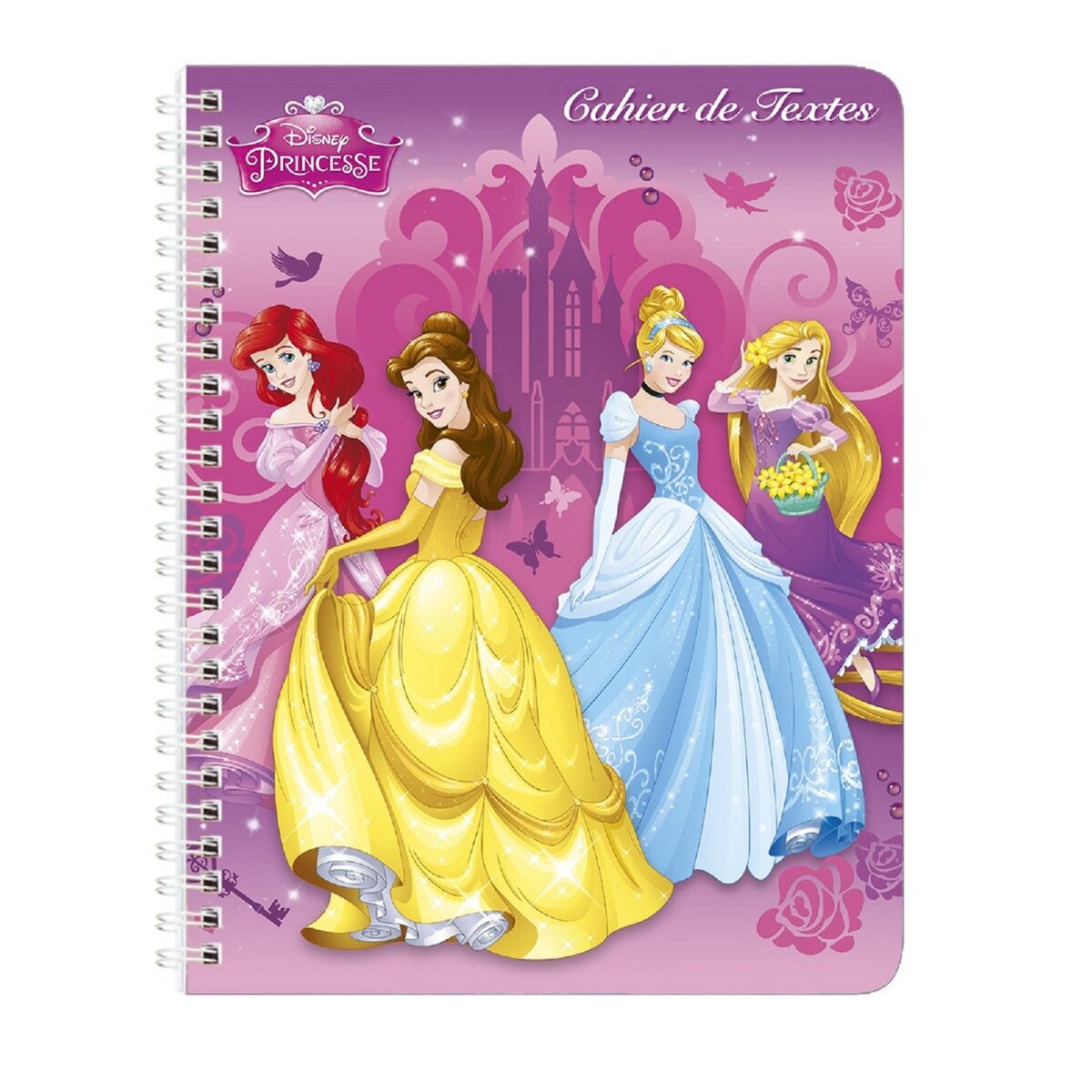 Cahier de texte à spirale fille 17x22cm 148 pages Princesses Ariel, Belle, Cendrillon et Raiponce château