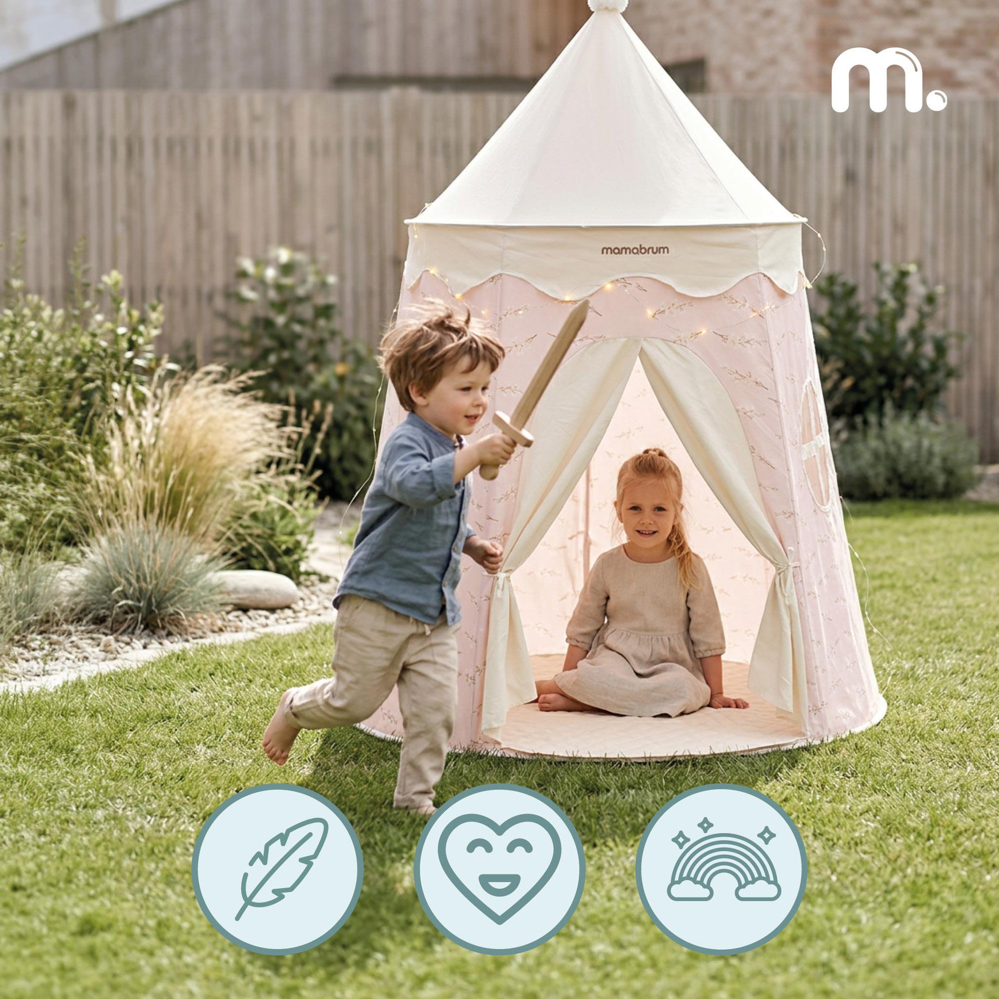 Voir la diapositive 4 : MAMABRUM Tente Tipi Enfant, Désign Château avec Guirlande LED et Tapis  de Jeu, 113x155 cm Mamabrum