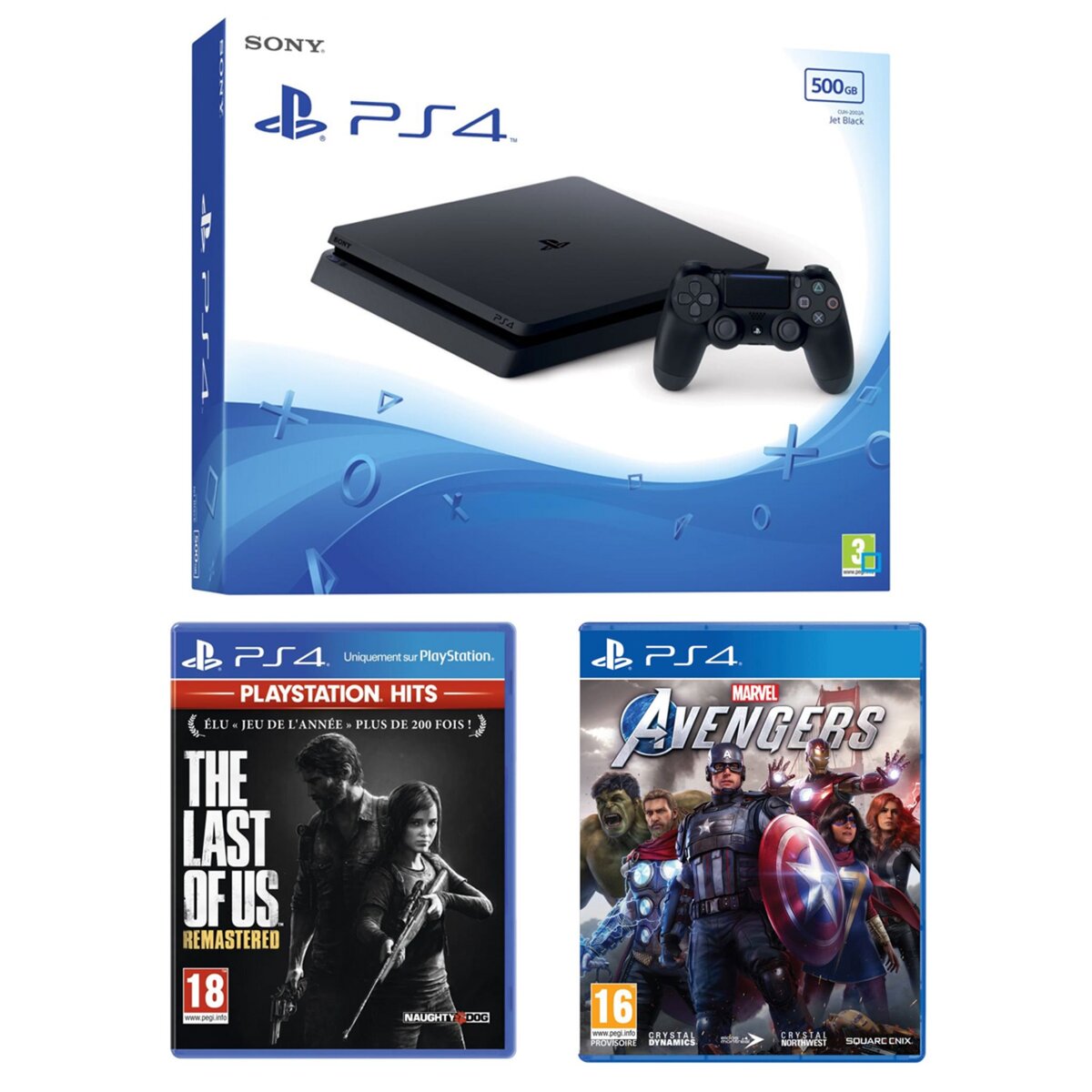 SONY Console PS4 Slim 500Go Noire Chassis F + The Last of Us remastered Playstation Hits + Marvel's Avengers