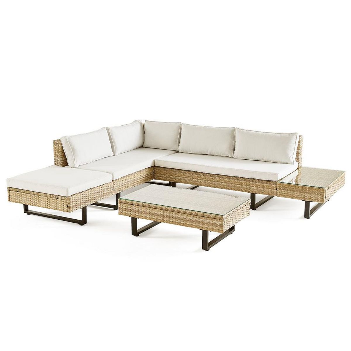 BEST MOBILIER Sashi – salon de jardin d'angle en résine beige et grise – 5 places - coussins gris clair et table incluse