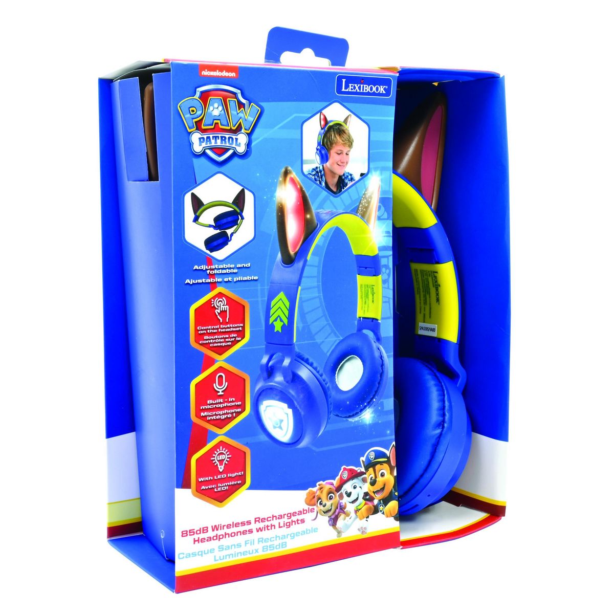 Lexibook Casque lumineux pliable Bluetooth et filaire Chase de La Pat' Patroulle avec limitation du volume
