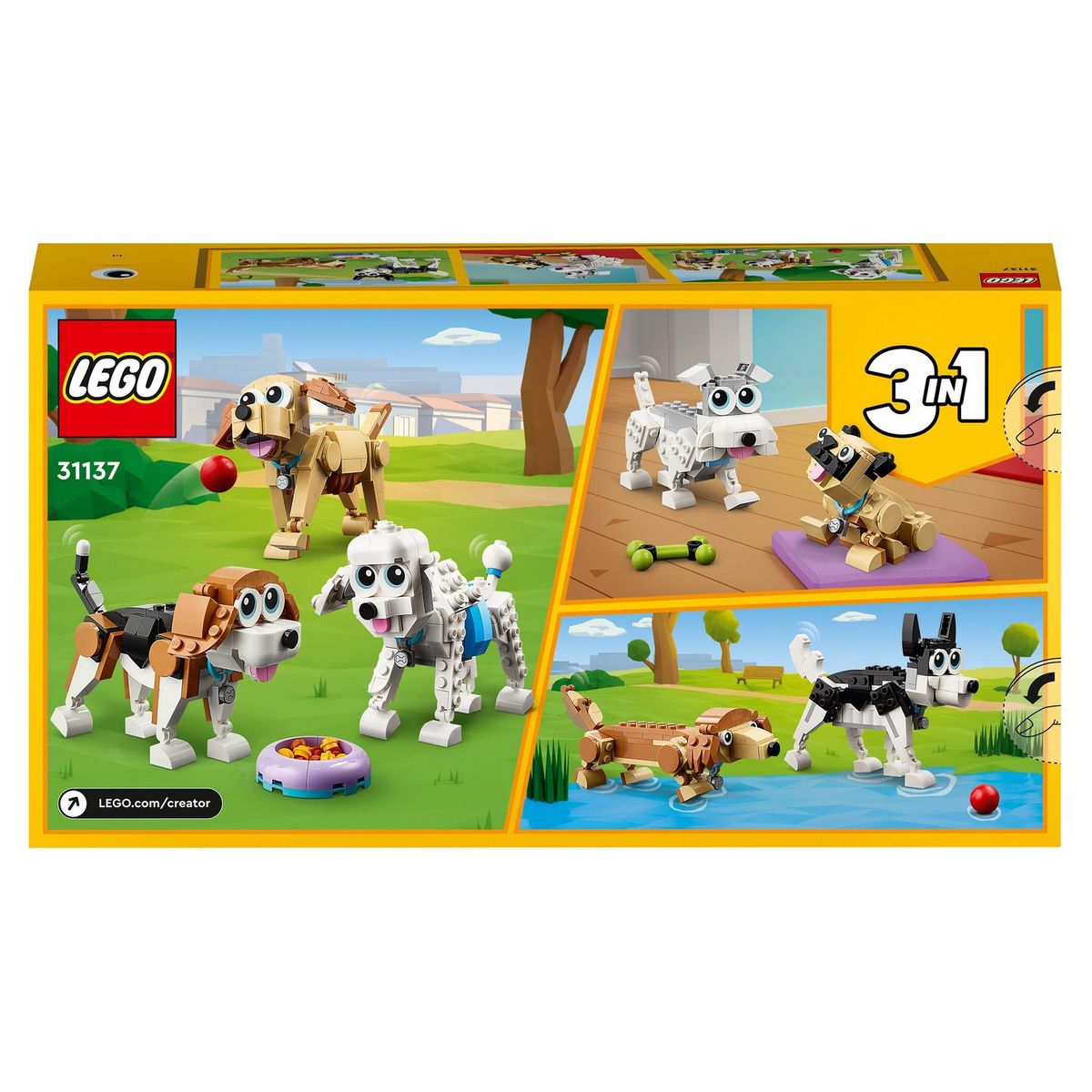 LEGO Creator 31137 - Adorables chiens,  Figurines de Teckel, Carlin, Caniche, Jouet de Construction