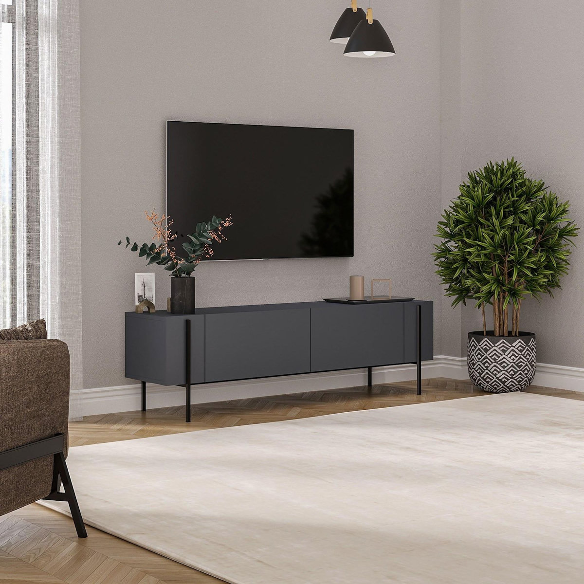 Habitat et Jardin Meuble TV en bois  Herman  - 160 x 31 x 45 cm - Gris anthracite