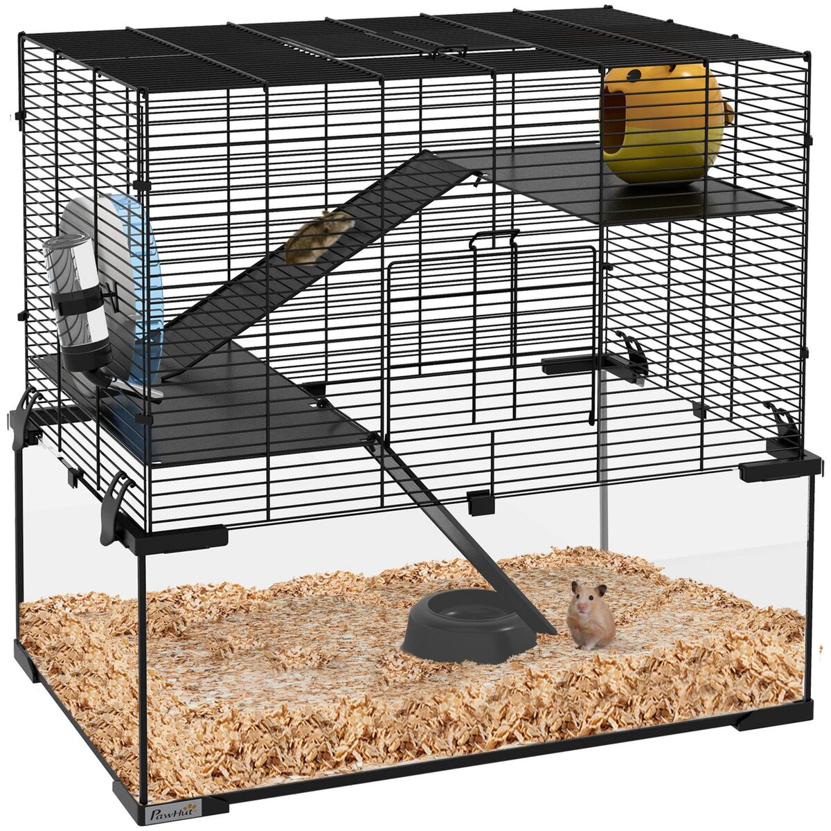 PAWHUT Cage rongeur hamster, 3 niveaux avec roue, rampes, maisonnette, abreuvoir, mangeoire, 60L x 40l x 57H cm, noir