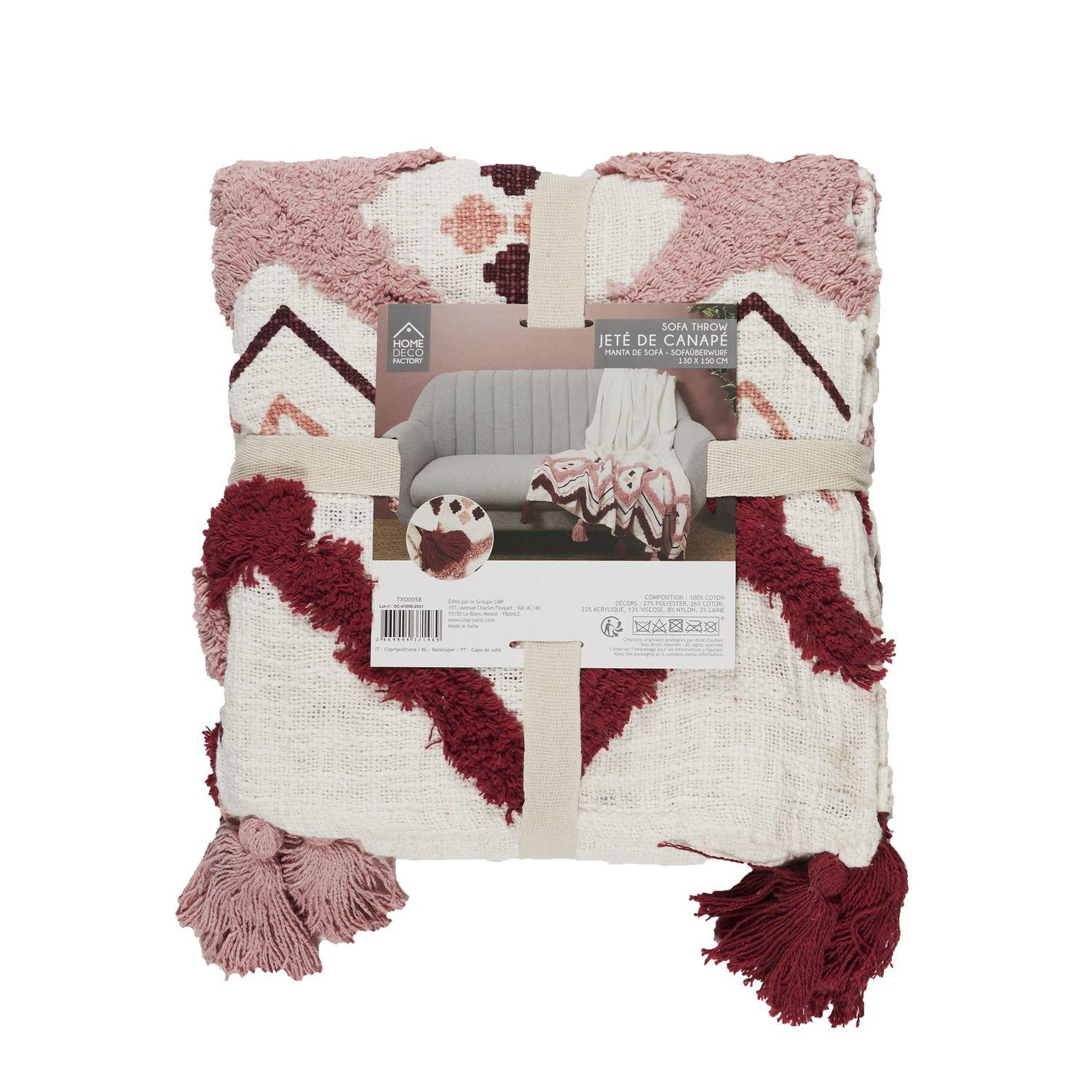 Voir la diapositive 3 : TOILINUX Jeté de canapé ethnique avec pompons - 130 x 170 cm - blanc et rose
