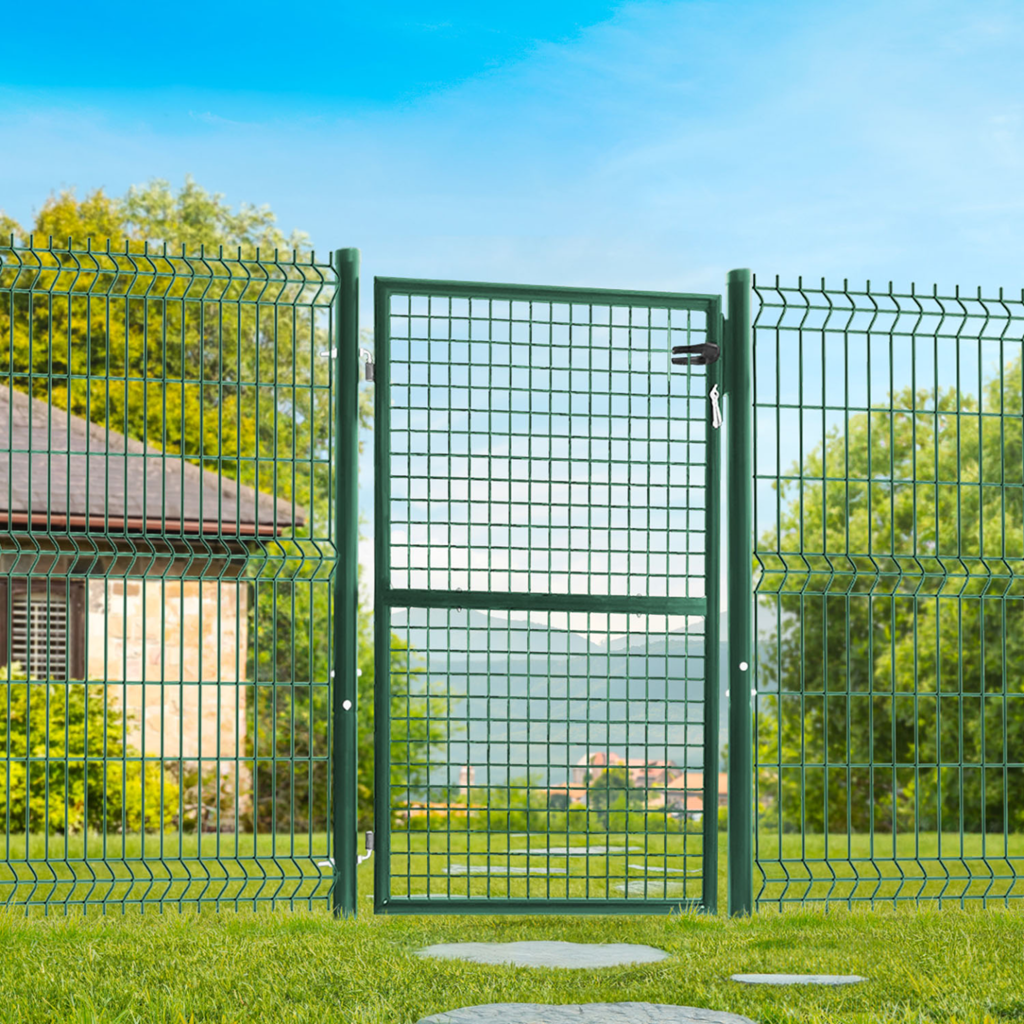 Voir la diapositive 2 : ID MARKET Portillon de jardin 105 x 125 cm en acier vert avec serrure et poignée