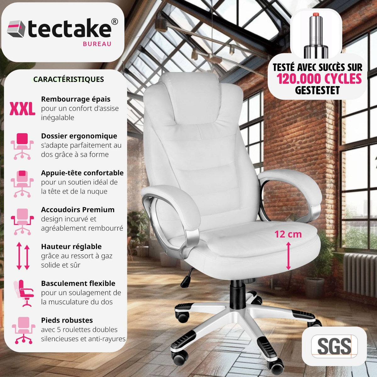 tectake Fauteuil de bureau rotatif à 360° et réglable en hauteur blanc