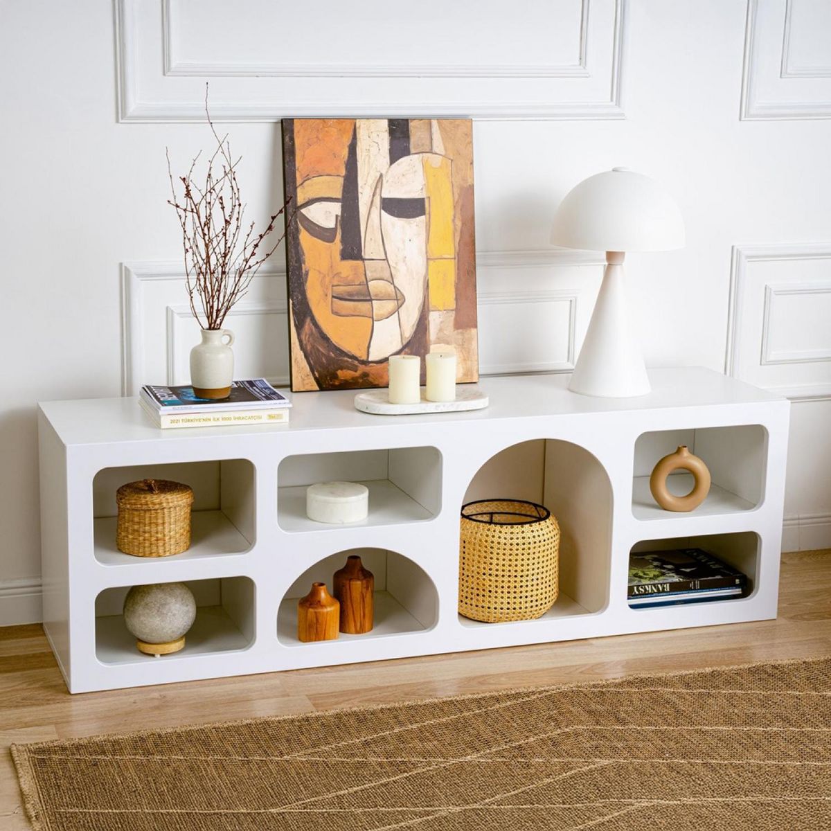 CONCEPT USINE Buffet bas 7 niches design organique blanc 160x50cm FERLIS