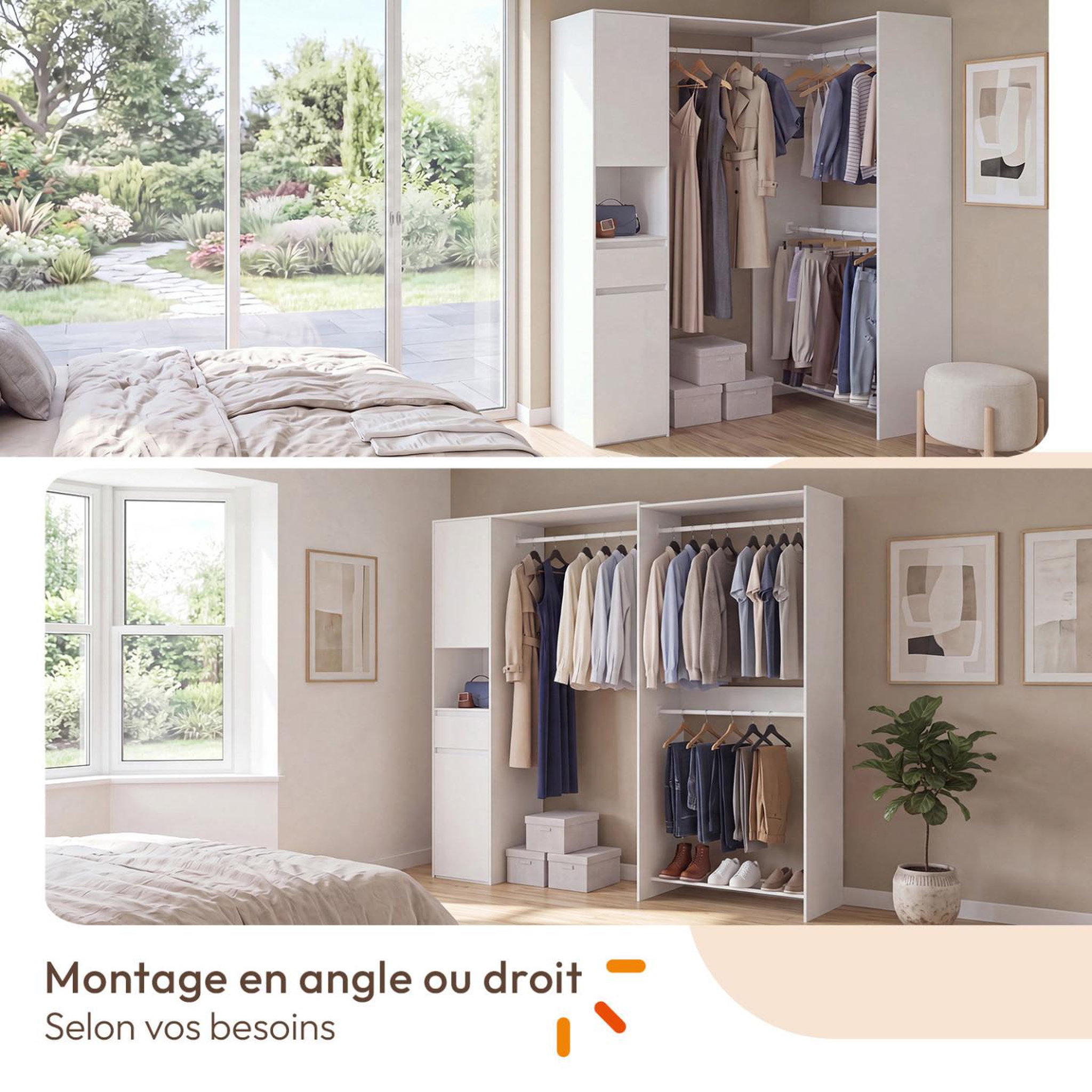 Voir la diapositive 3 : ID MARKET Dressing d'angle modulable l. 145 / 203 cm melman triple penderie + portes + tiroir + étagères blanc