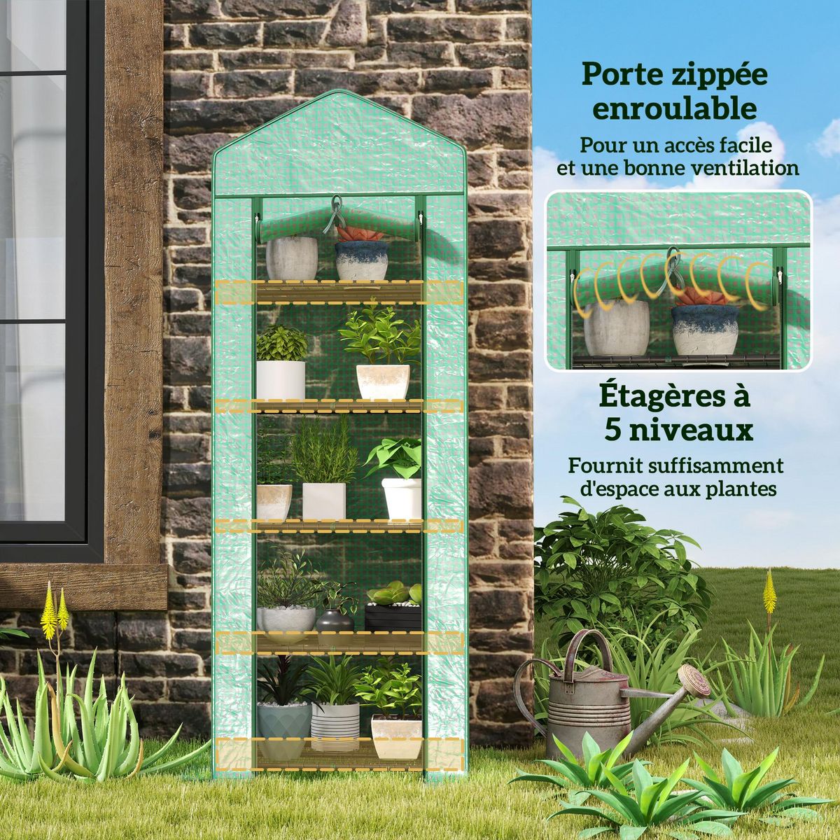 OUTSUNNY Serre de jardin balcon 5 étagères porte zippée 69 x 49 x 193 cm acier thermolaqué bâche PE vert