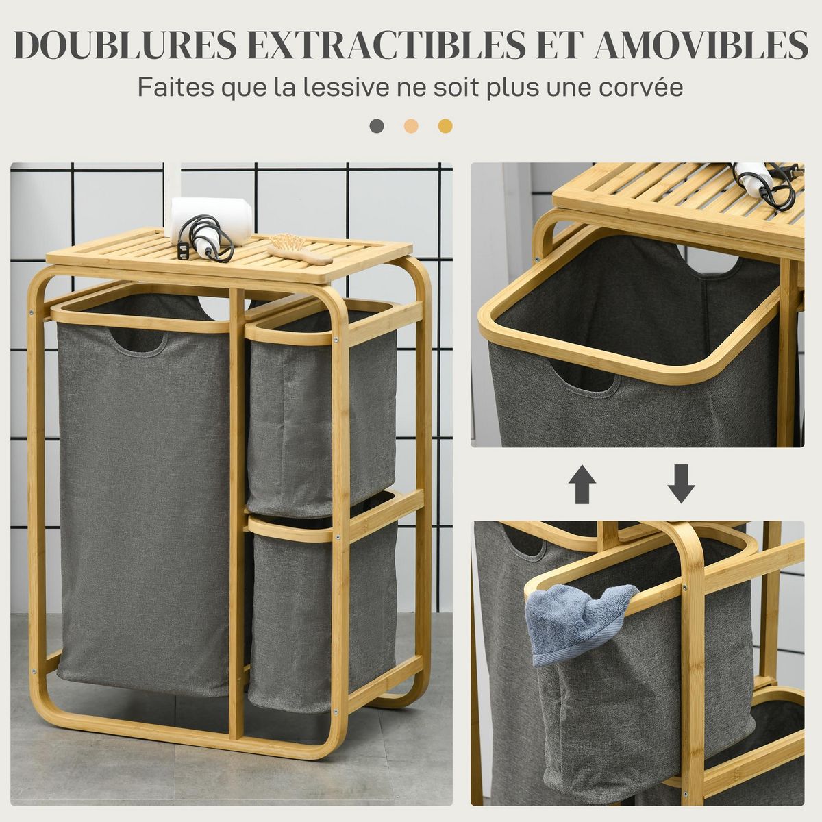 HOMCOM Panier à linge corbeille à linge bac linge sale 3 paniers amovibles bambou non-tissé gris