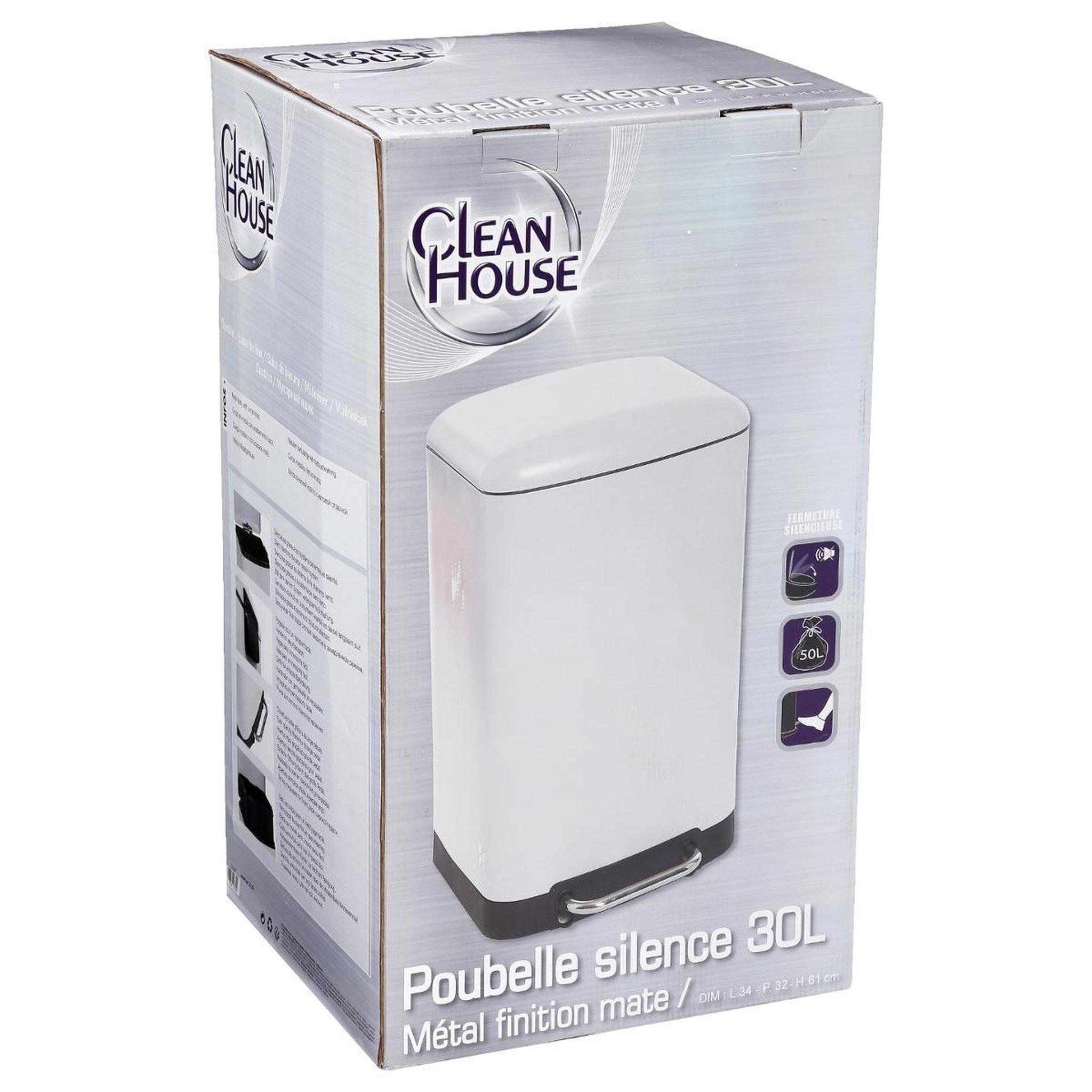 Voir la diapositive 6 : FIVE Poubelle métal  silencieuse  30l blanc