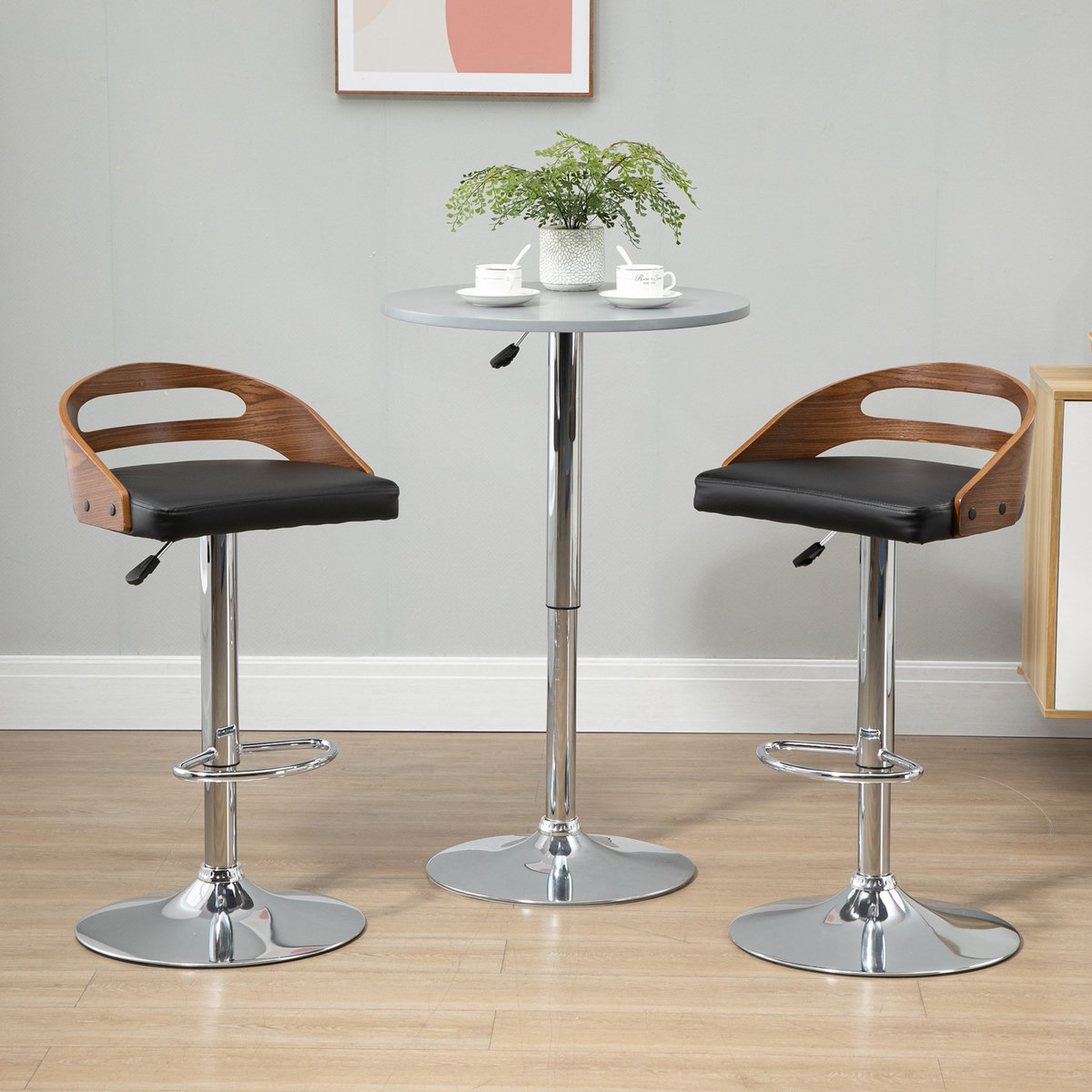 HOMCOM Lot de 2 tabourets de bar design contemporain hauteur d'assise réglable pivotant 360° revêtement synthétique noir dossier ajouré aspect bois