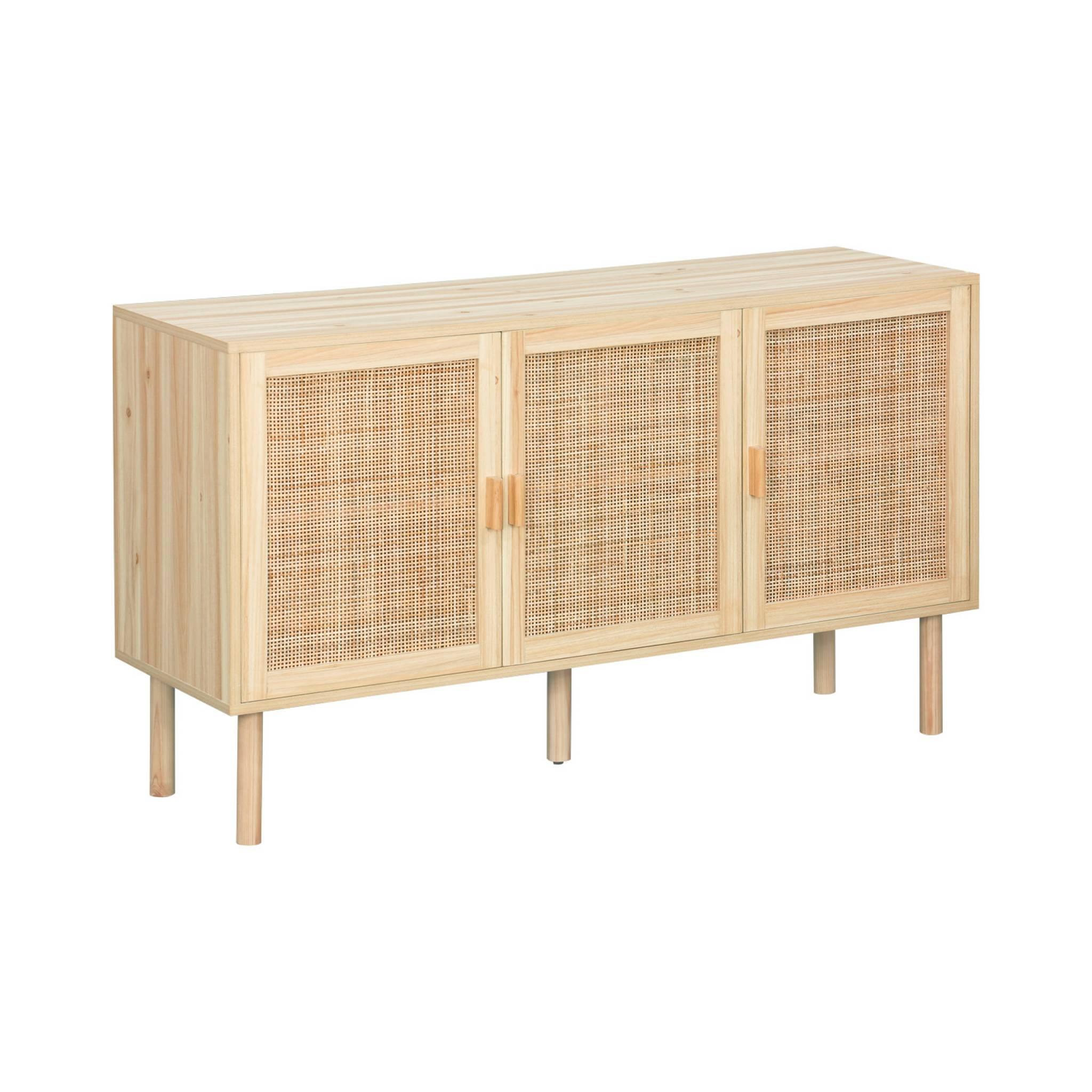 Voir la diapositive 1 : SWEEEK Buffet 3 portes et 3 étagères cannage et effet bois. Piètement et poignées en bois de sapin. buffet bas. L 120 x P 39 x H 70cm CAMARGUE