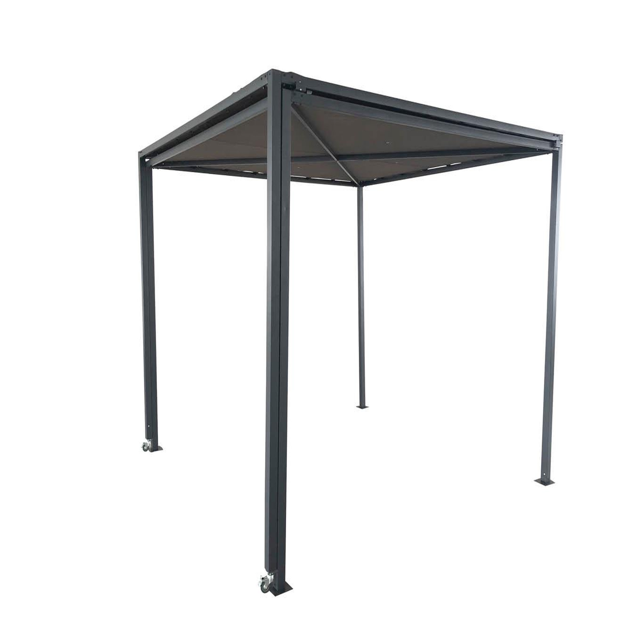 Voir la diapositive 1 : CONCEPT USINE Pergola coulissante avec roues 55 x 25 m gris et taupe gibara