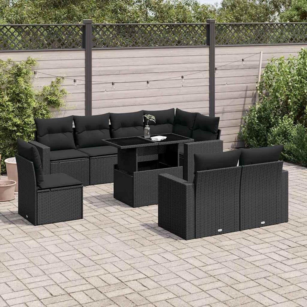 VIDAXL Salon de jardin 9 pcs avec coussins noir resine tressee