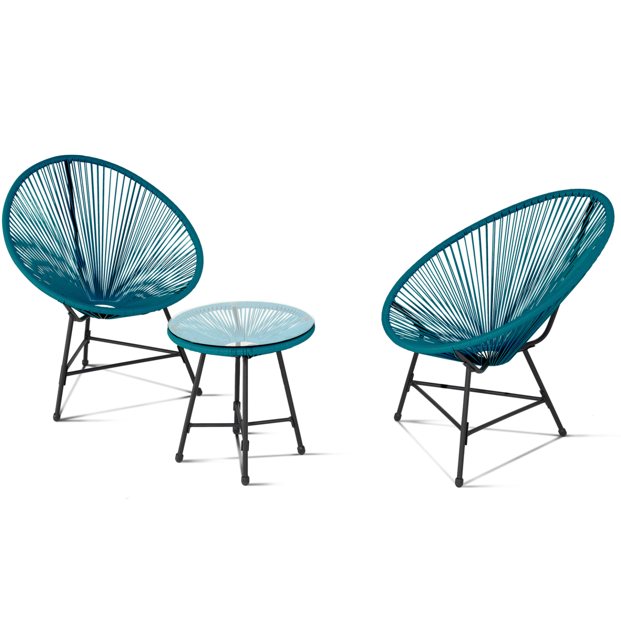 ID MARKET Salon de jardin izmir table et 2 fauteuils oeuf cordage bleu canard