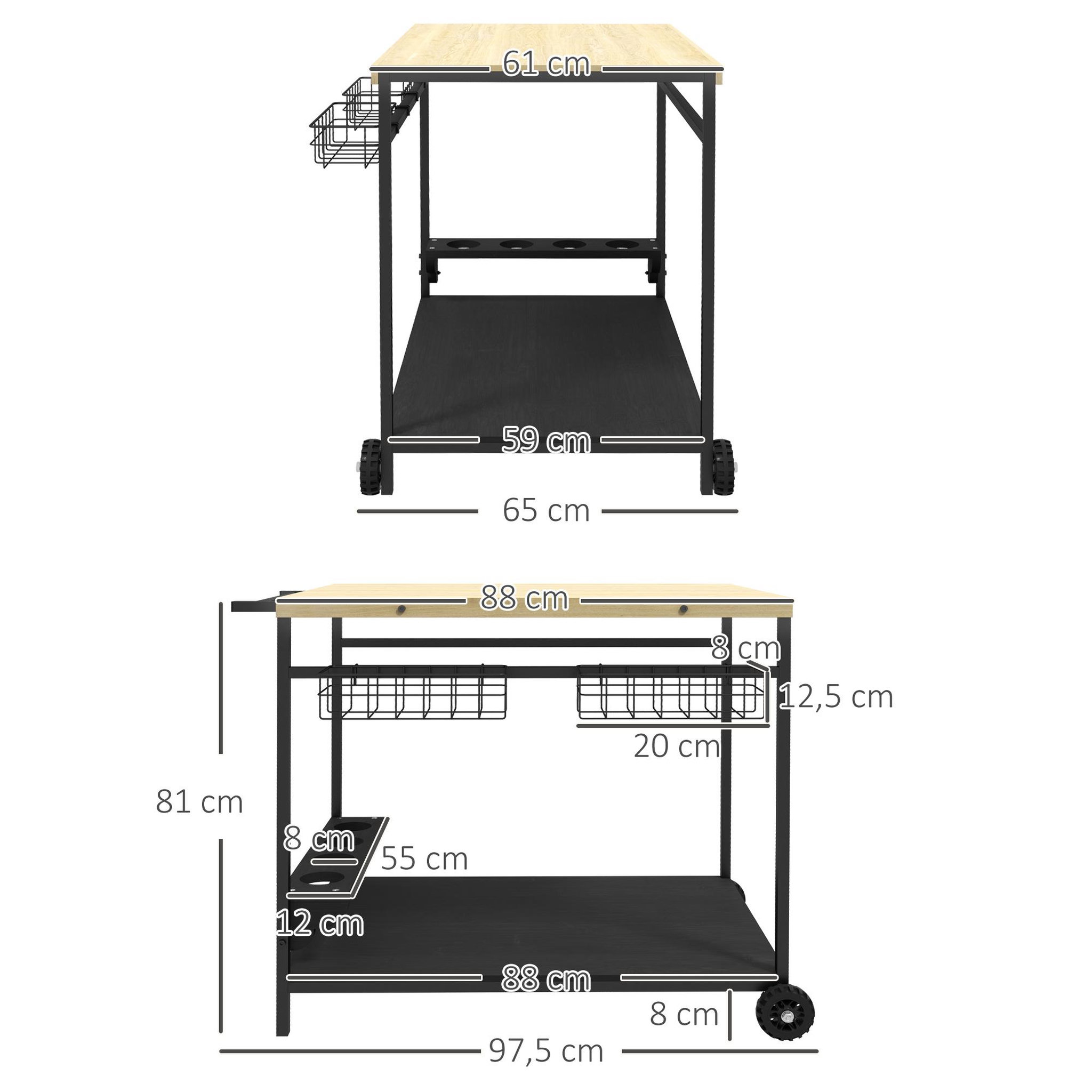 Voir la diapositive 3 : OUTSUNNY Desserte de jardin chariot pour plancha barbecue en bois et métal avec poignée 2 plateaux 2 paniers et porte-bouteilles