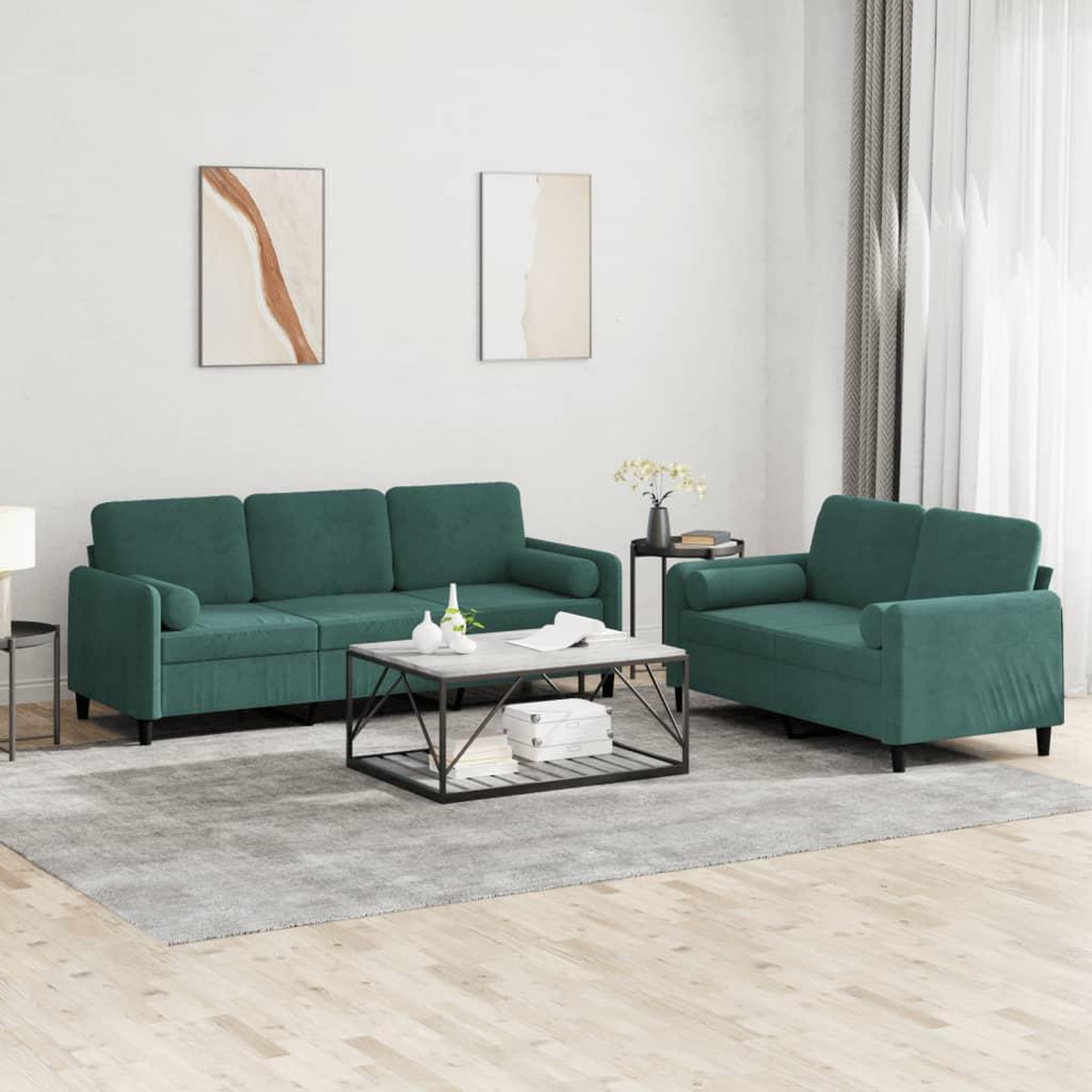 VIDAXL Ensemble de canapes 2 pcs avec coussins vert fonce velours