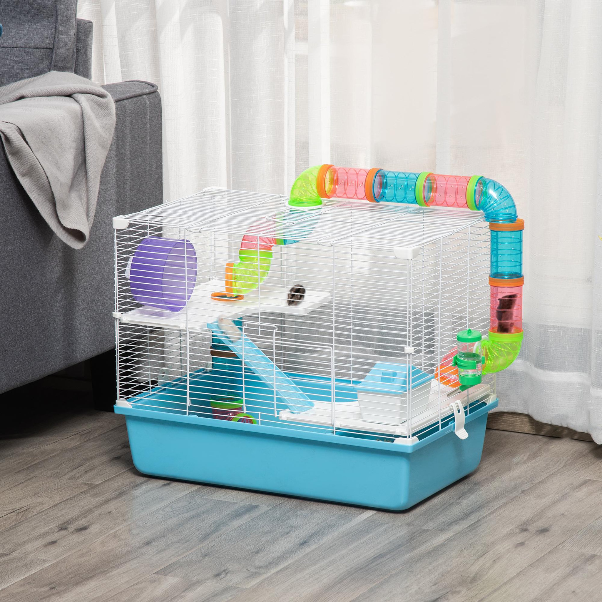 Voir la diapositive 2 : PAWHUT Cage à hamsters 3 niveaux - tunnel, abreuvoir, roue, maisonnette, échelles - dim. 59L x 36l x 47H cm - métal PP bleu blanc
