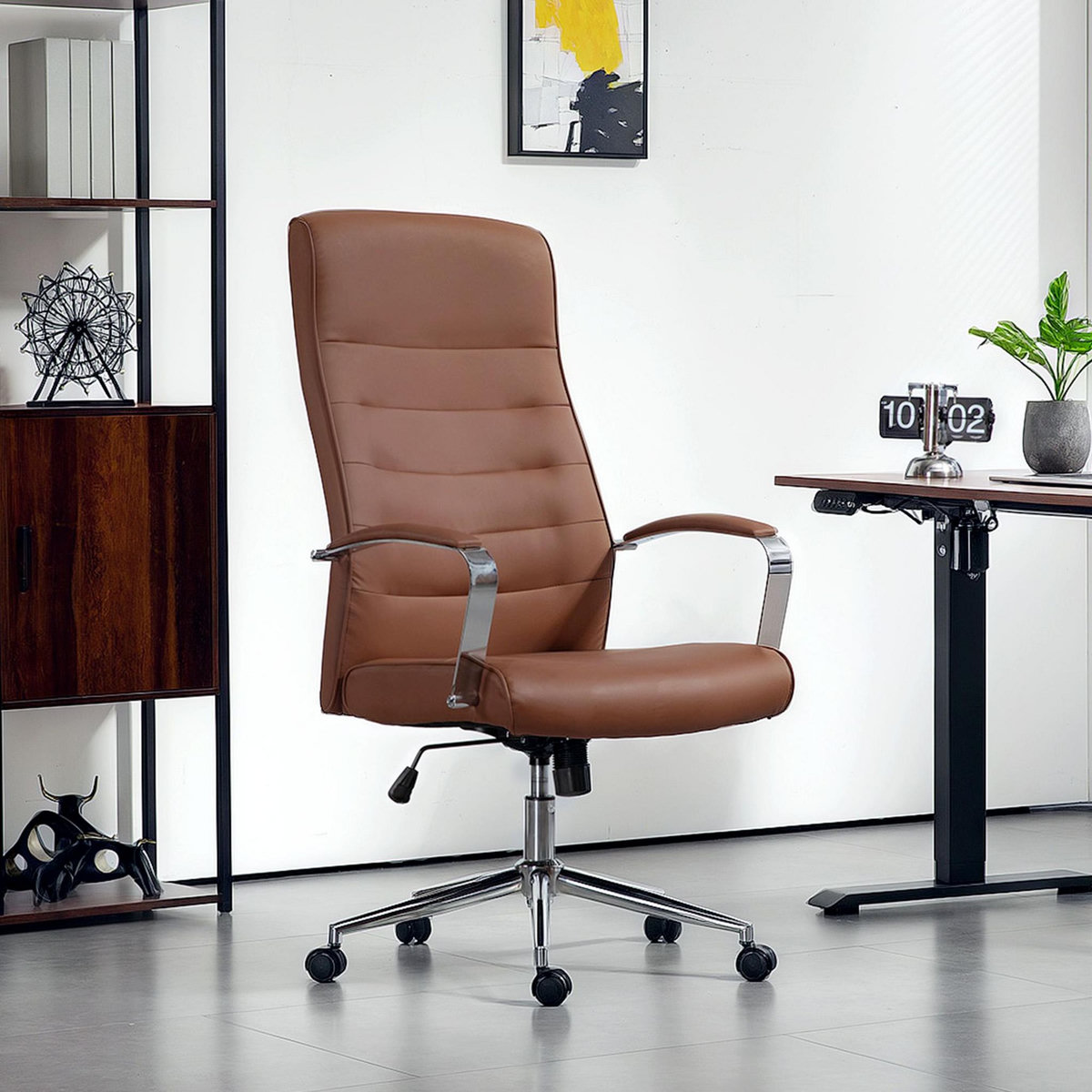 HOMCOM Chaise de bureau direction ergonomique réglable métal chromé synthétique marron