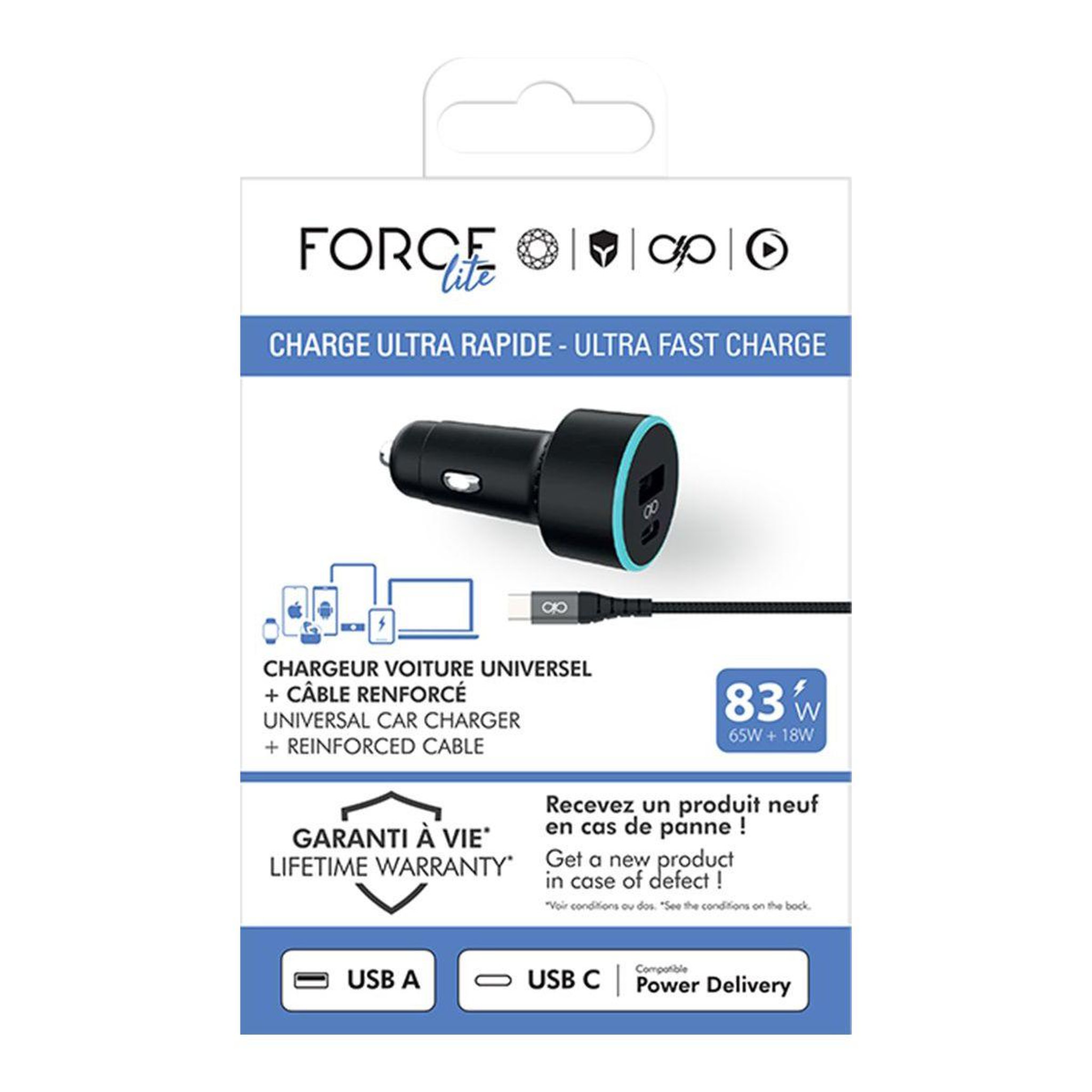 Voir la diapositive 5 : FORCE POWER Chargeur allume cigare 65w usb-a + usb-c + cable usb-c/c 1.2m