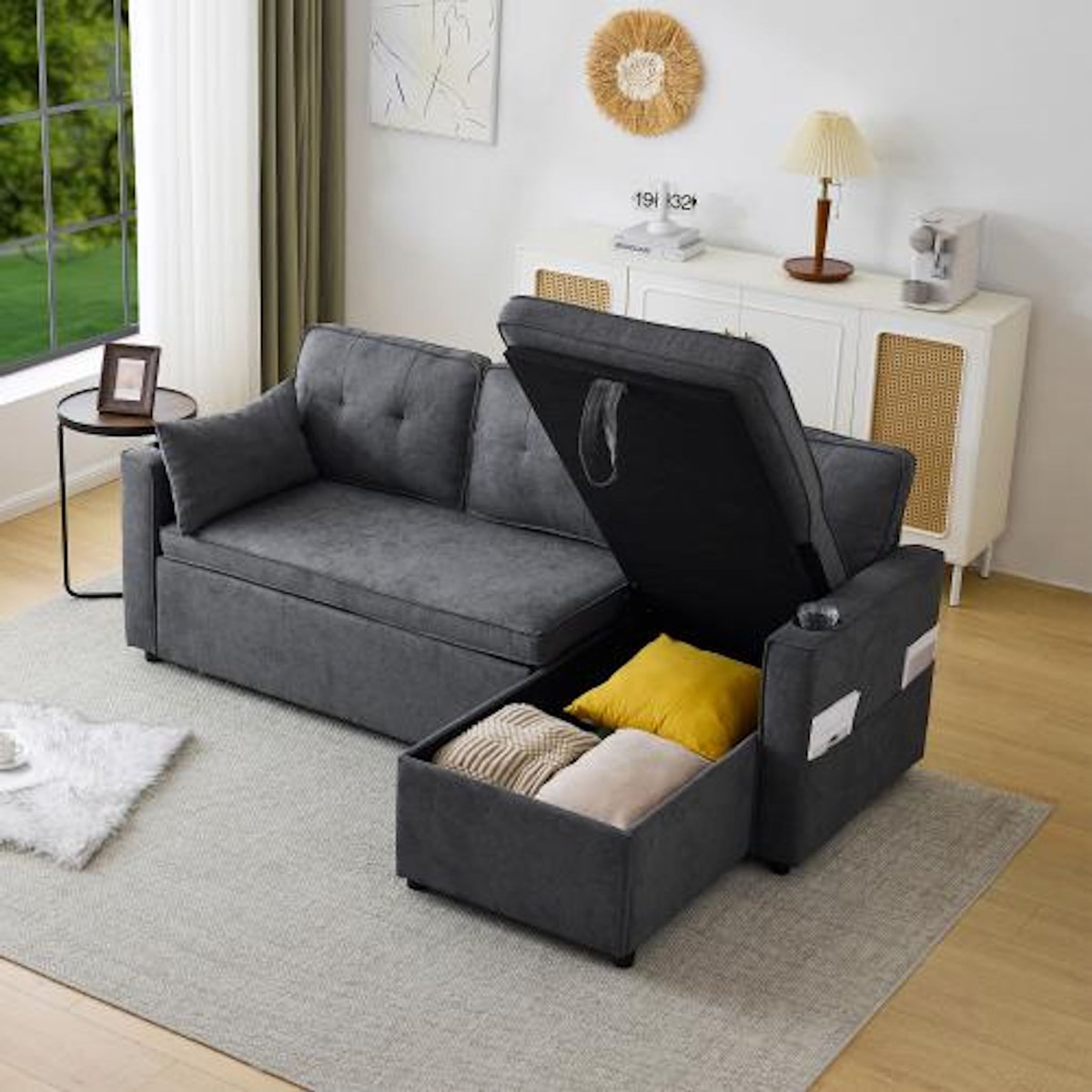MERAX Canapé d'angle réversible convertible 3 places coton et lin coffre de rangement
