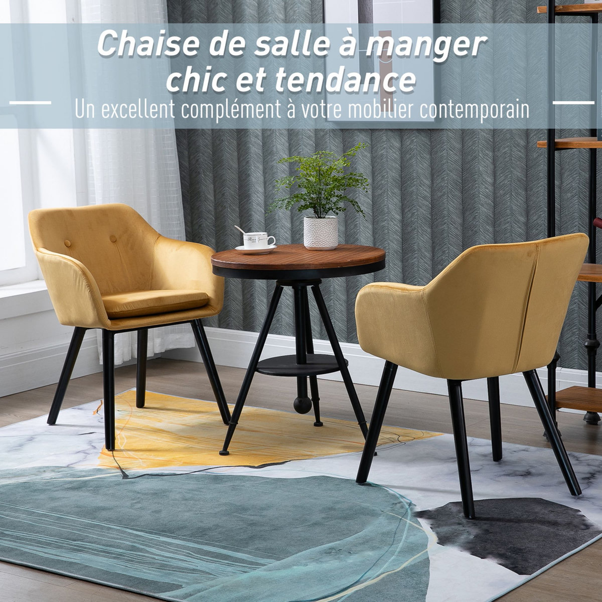 HOMCOM Chaises de visiteur design scandinave - lot de 2 chaises - pieds effilés bois noir - assise dossier accoudoirs ergonomiques velours moutarde