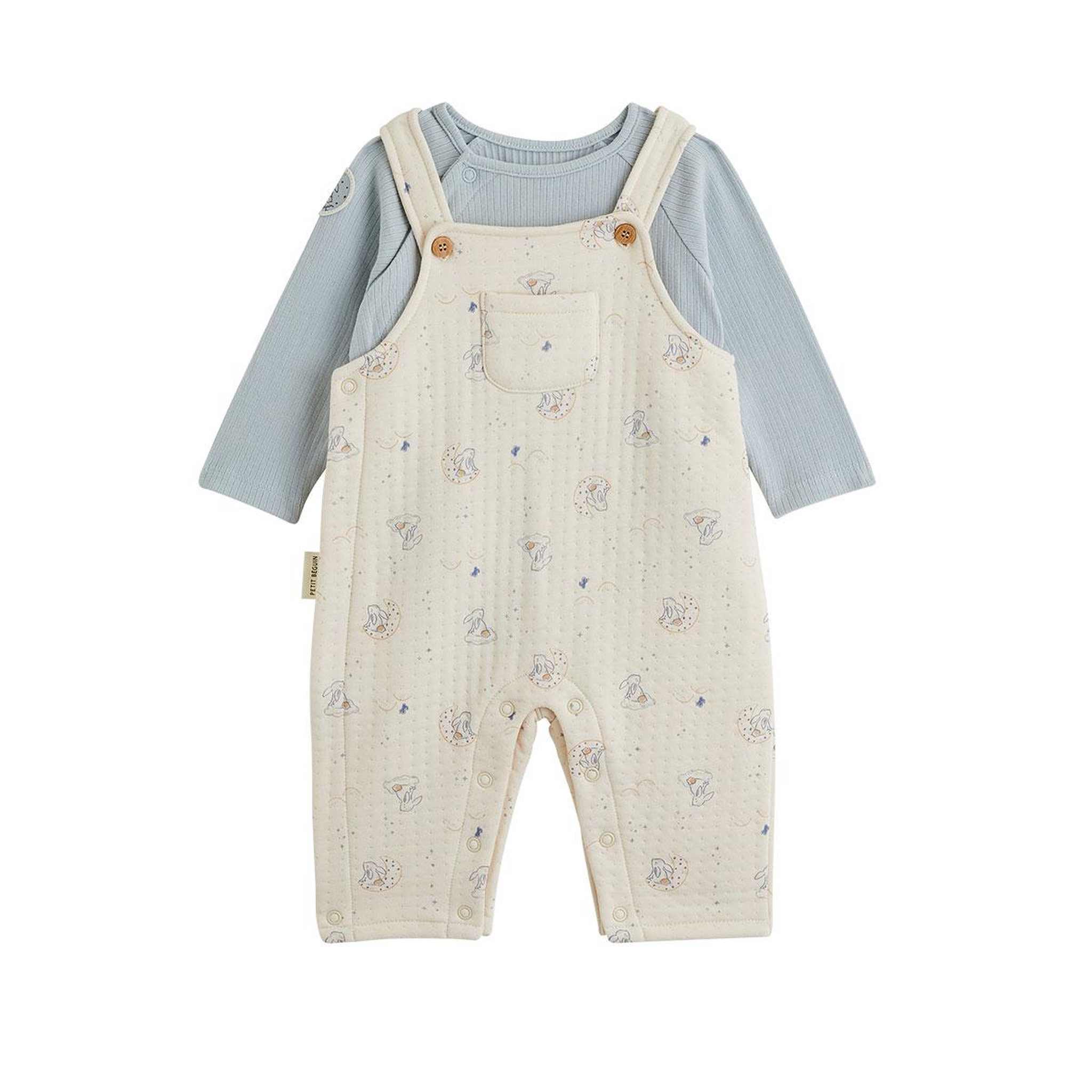 PETIT BEGUIN Ensemble salopette bébé en coton matelassé et t-shirt voix lactée. Coloris disponibles : Bleu