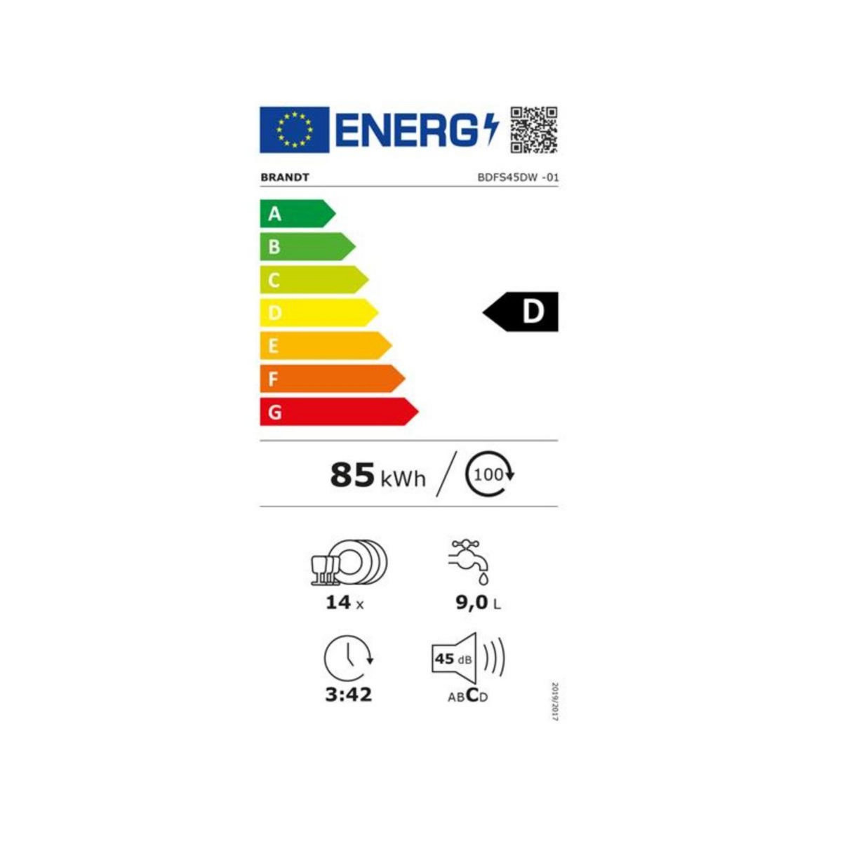 BRANDT Lave-vaisselle 60cm 14 couverts 45db blanc - BDFS45DW