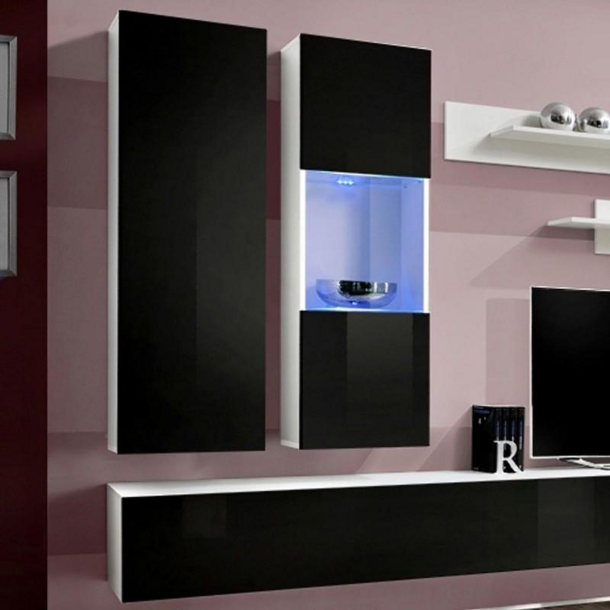 Paris Prix Meuble TV Mural Design  Fly V  320cm Noir & Blanc