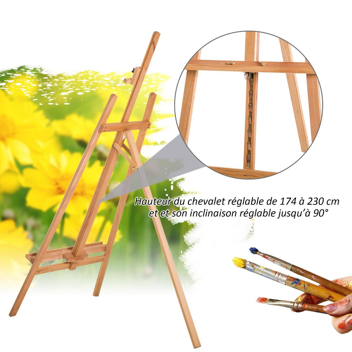 HOMCOM Chevalet d'artiste sur pieds inclinaison et hauteur réglable dim. 65L x 68l x 174-230H cm bois de hêtre clair