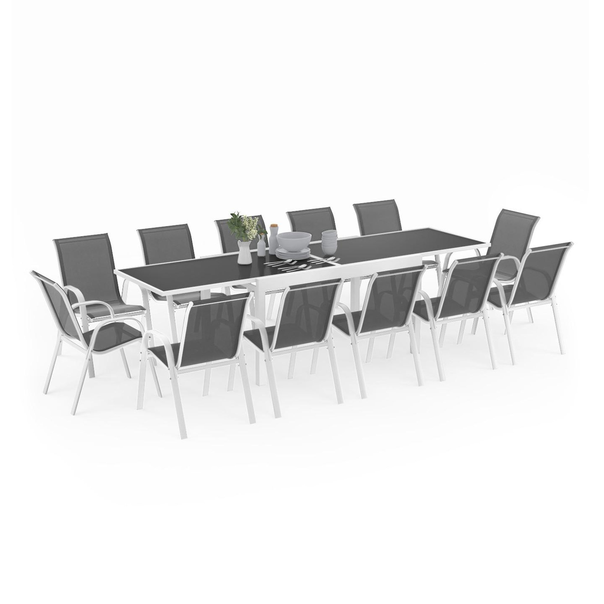 ID MARKET Salon de jardin madrid table extensible 135-270 cm et 12 chaises empilables blanc et gris