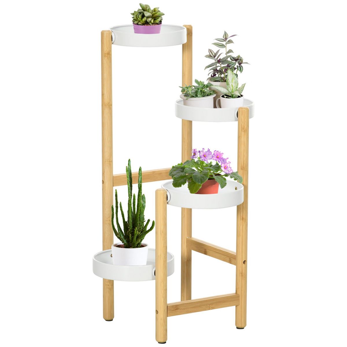 OUTSUNNY Support à fleurs style scandinave 4 niveaux - porte plante 4 étagères - bois bambou verni métal blanc