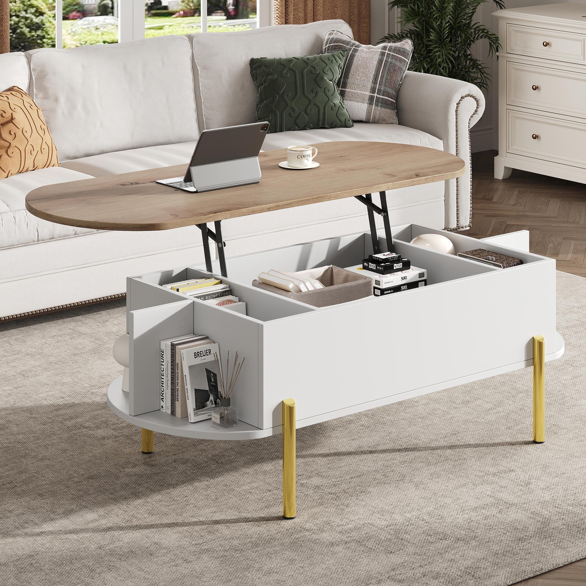 Voir la diapositive 2 : MERAX Table basse relevable ovale blanc+naturel - 50x120 cm mdf