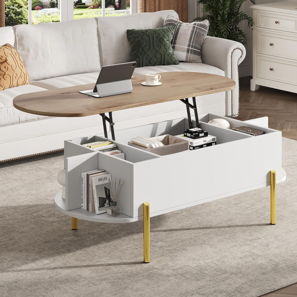 MERAX Table basse relevable ovale blanc+naturel - 50x120 cm mdf