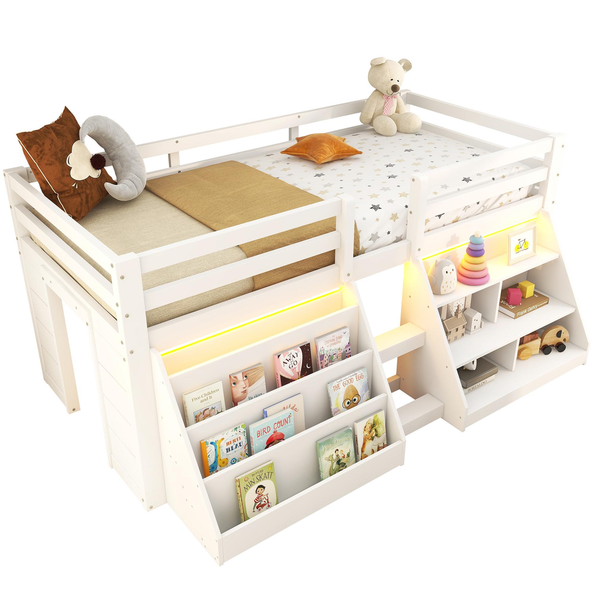 MERAX Lit enfant mi hauteur 90x200cm coloris blanc led pin