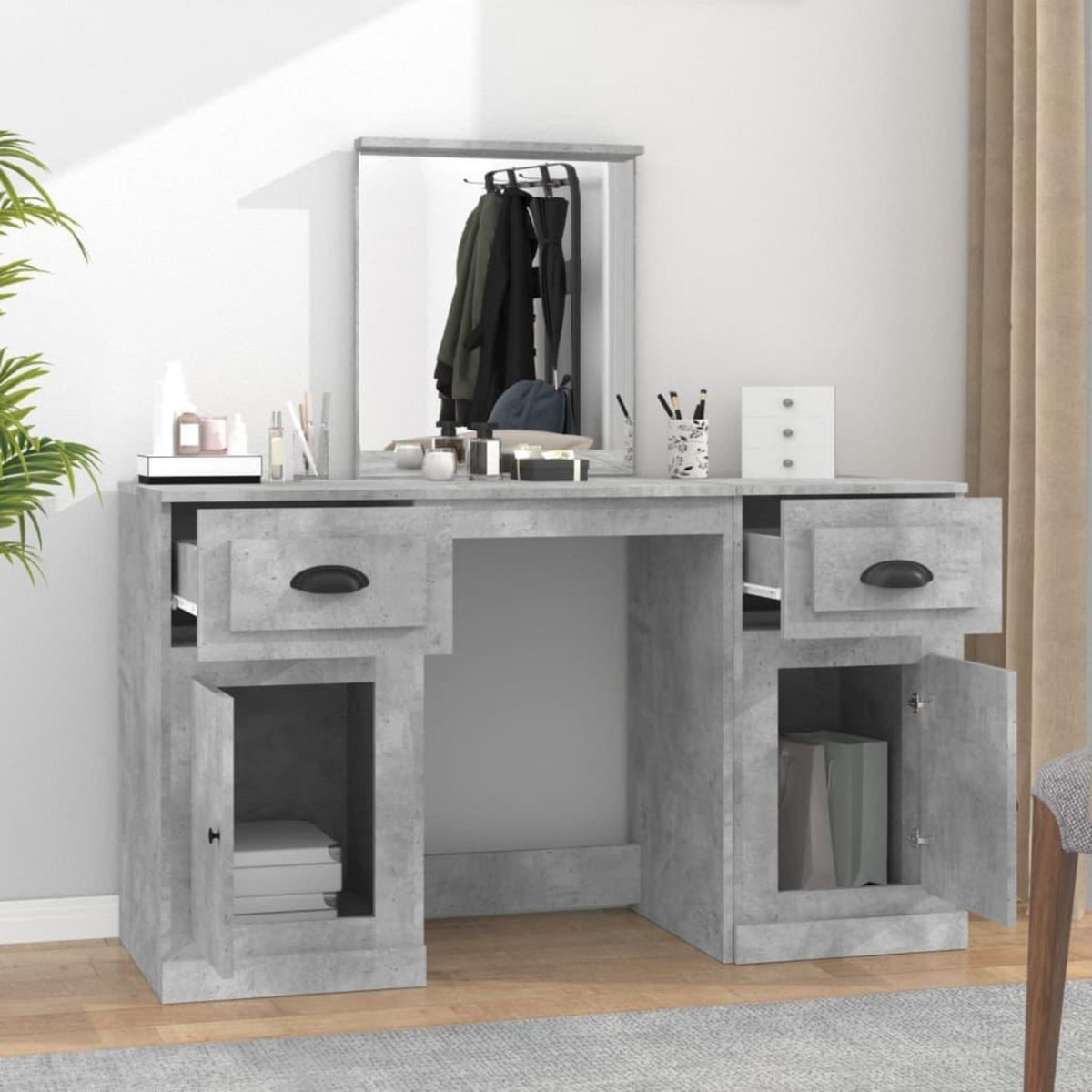 VIDAXL Coiffeuse avec miroir gris beton 130x50x132,5 cm