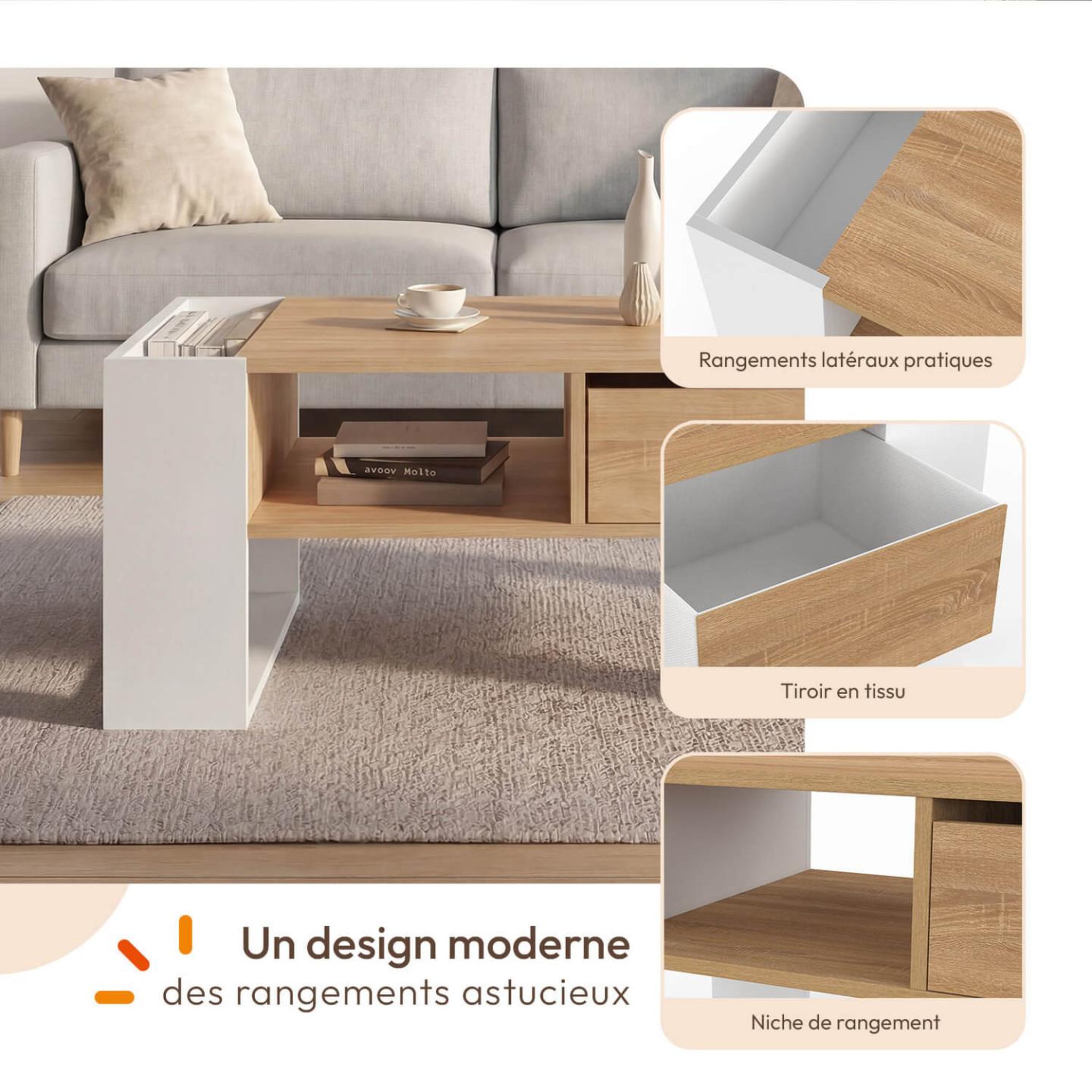 Voir la diapositive 6 : ID MARKET Table basse rectangulaire beryl avec tiroir bois blanc et façon hêtre