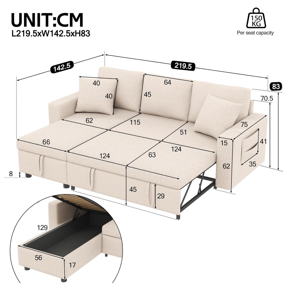 MERAX Canapé d'angle réversible convertible 3 places lin coffre de rangement