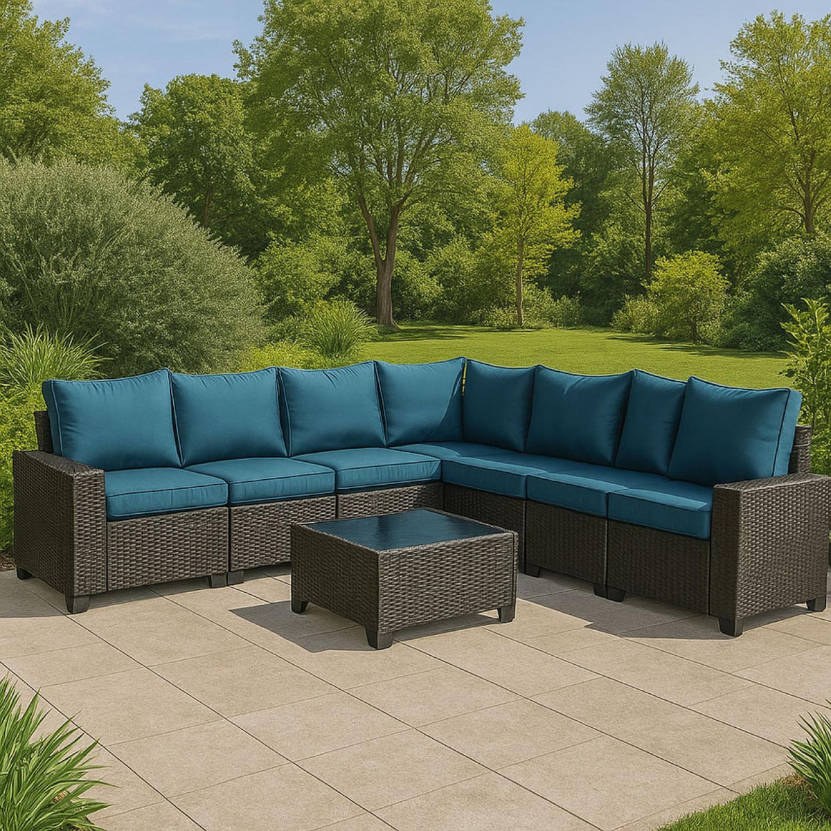 CONCEPT USINE Salon de jardin d'angle 7 places en résine tressée avec table gris et bleu LAZARO