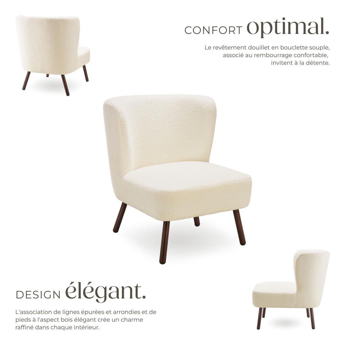 tectake Fauteuil cocktail rembourré avec revêtement en tissu bouclé blanc